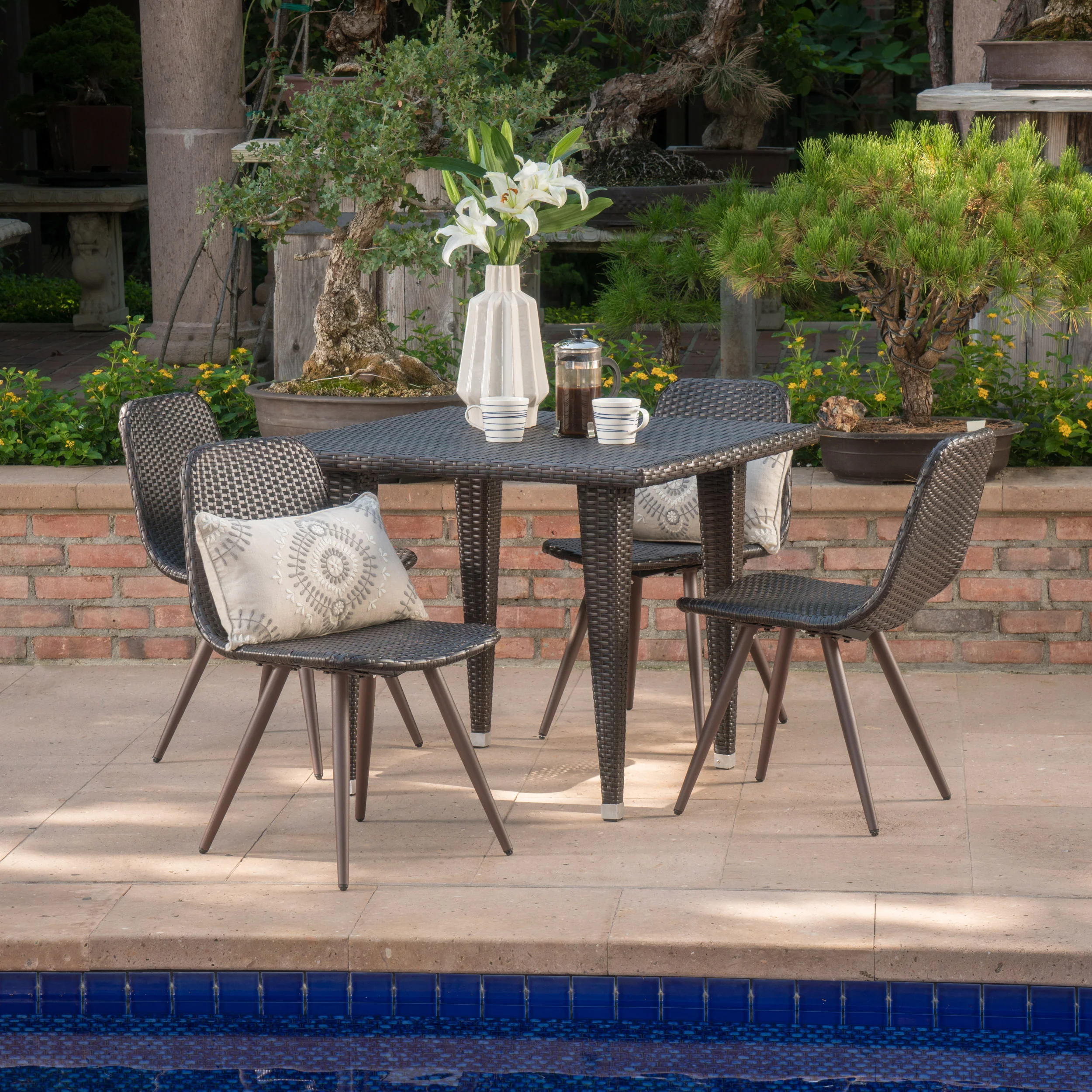 Tomley Outdoor 5 Piece Multi-brown Wicker 35 Inch Square Dining Set - furnishings