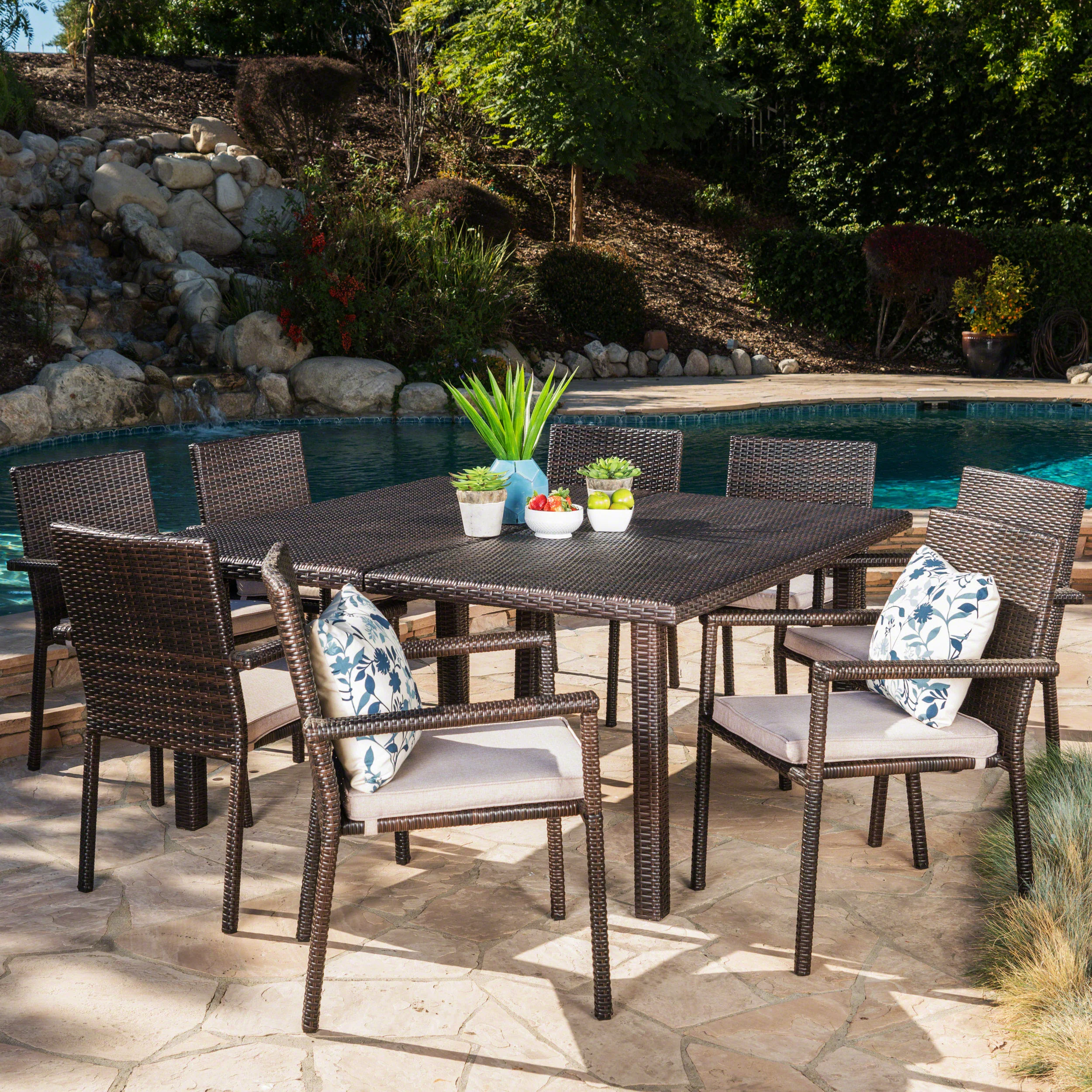 Aden Outdoor 9 Piece Wicker Dining Set with Water Resistant Cushions - furnishings