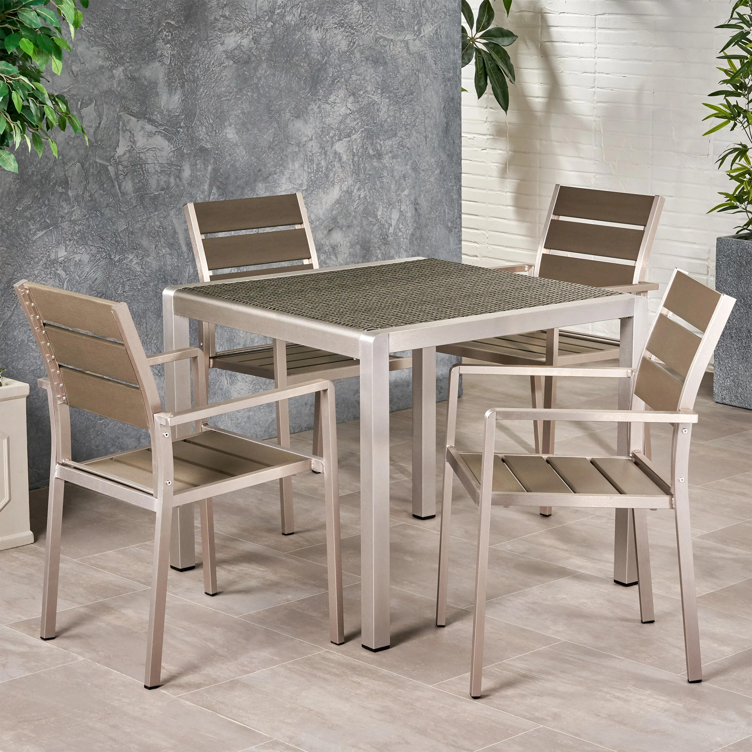 Cherie Outdoor Modern Aluminum 4 Seater Dining Set with Faux Wood Seats and Wicker Table Top - furnishings