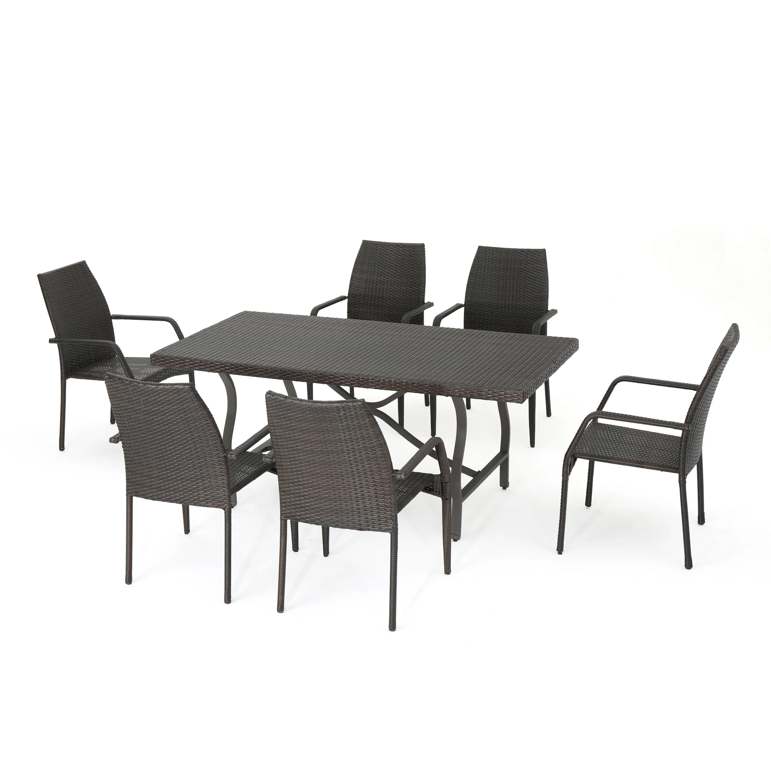 Alexi Outdoor Transitional 7-Piece Multi-Brown Wicker Dining Set with Arm Chairs - furnishings
