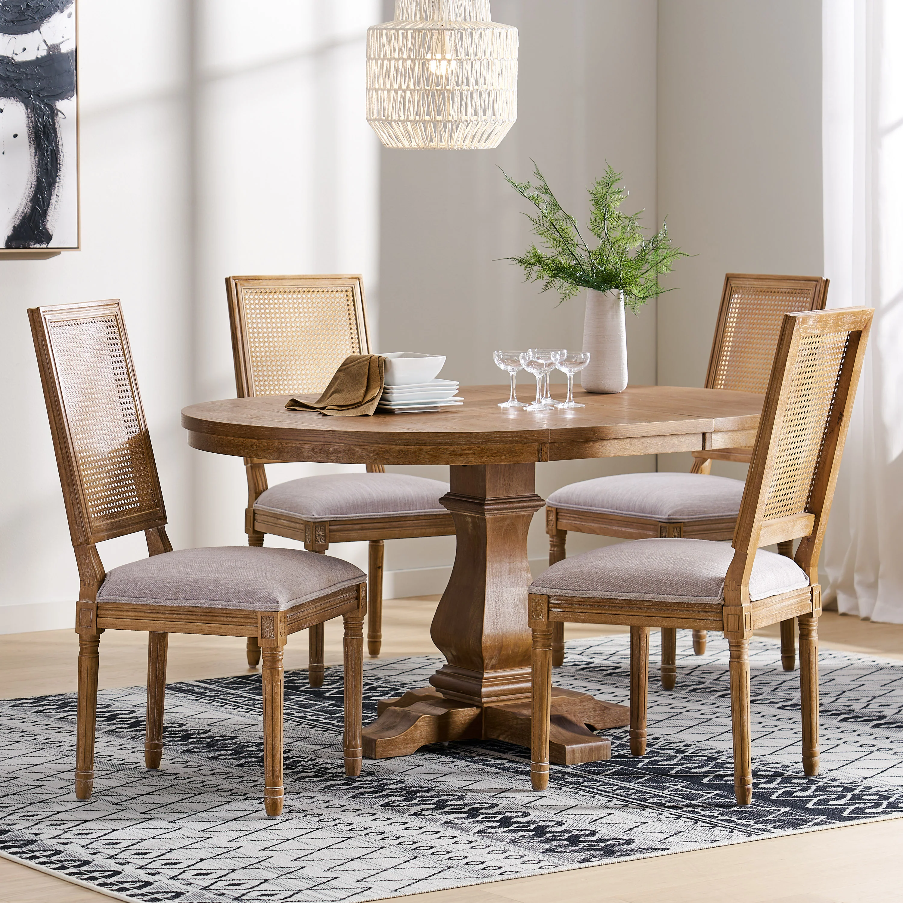 Brownell French Country Wood and Cane 5-Piece Expandable Oval Dining Set - furnishings