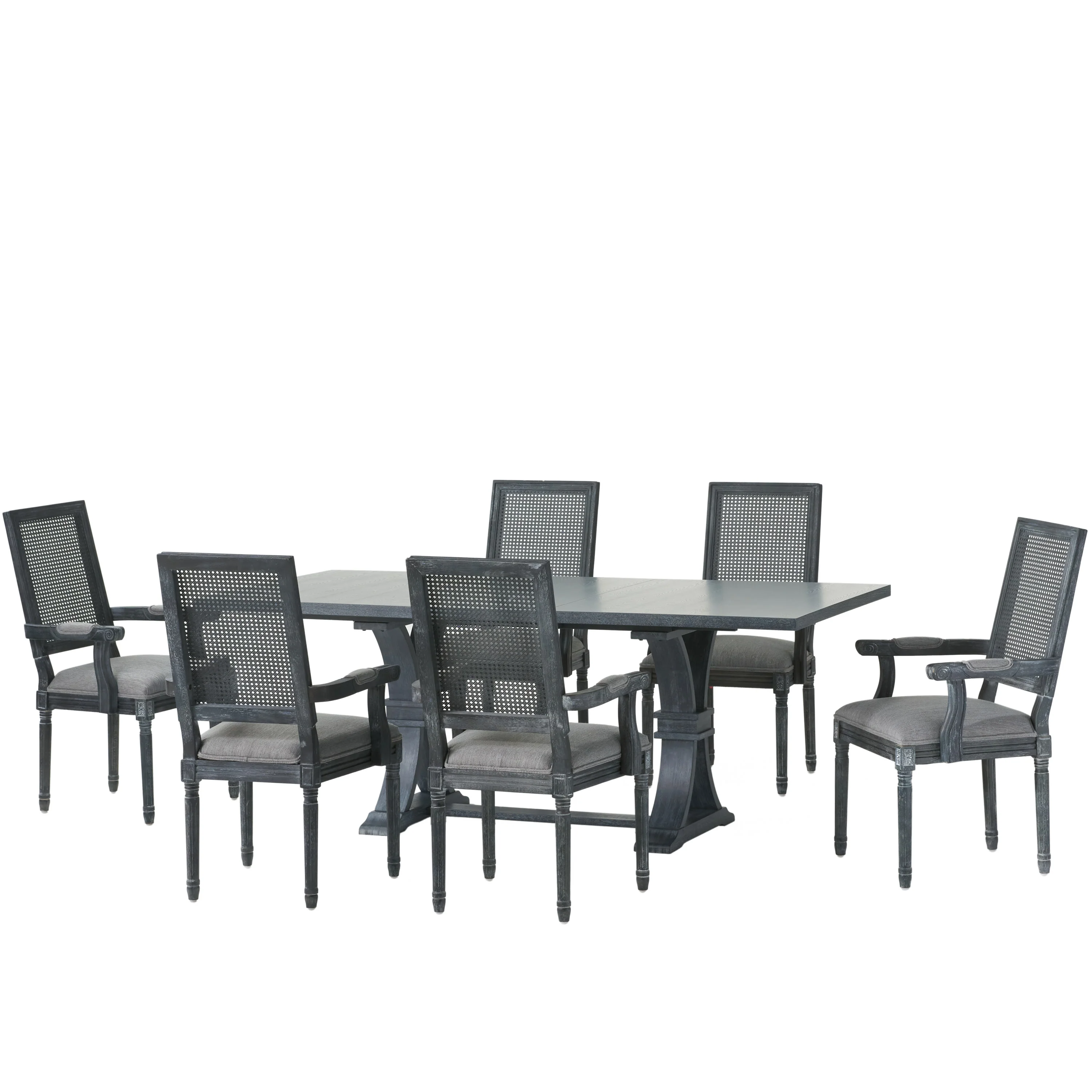Zentner French Country Fabric Upholstered Wood and Cane 7 Piece Expandable Dining Set - furnishings