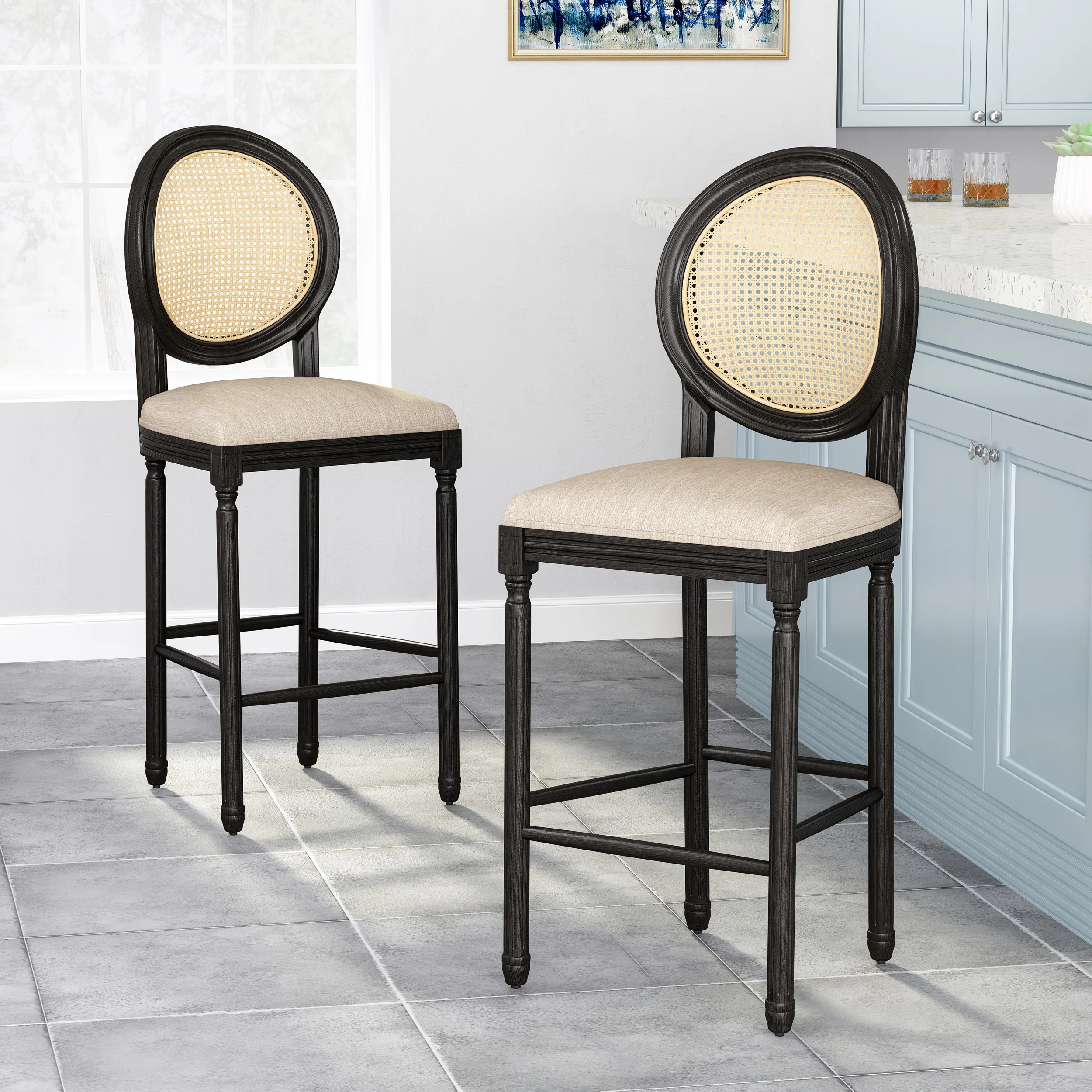 Towner French Country Wooden Barstools with Upholstered Seating (Set of 2) - furnishings