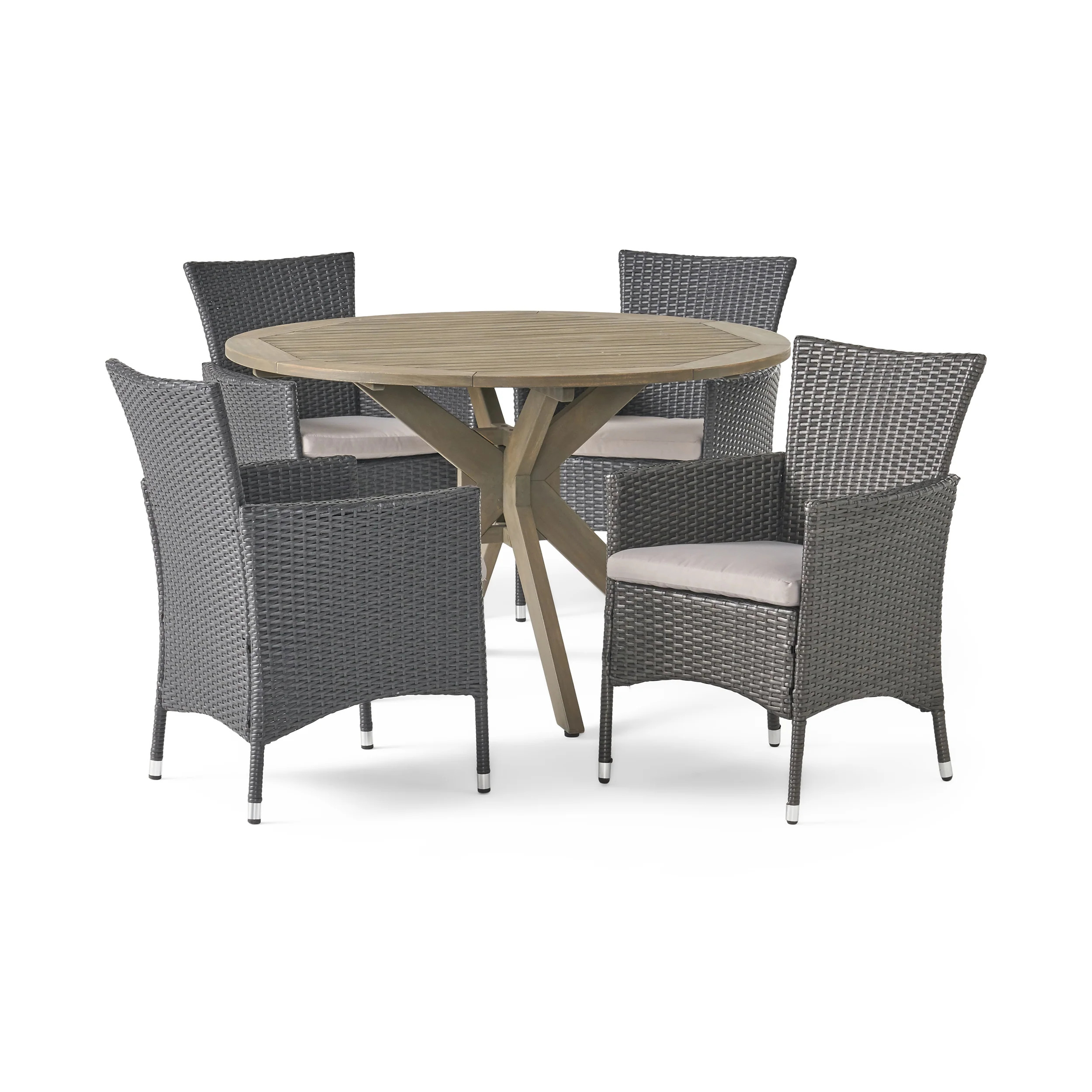 Key Outdoor 5 Piece Wood and Wicker Dining Set, Gray and Gray - furnishings