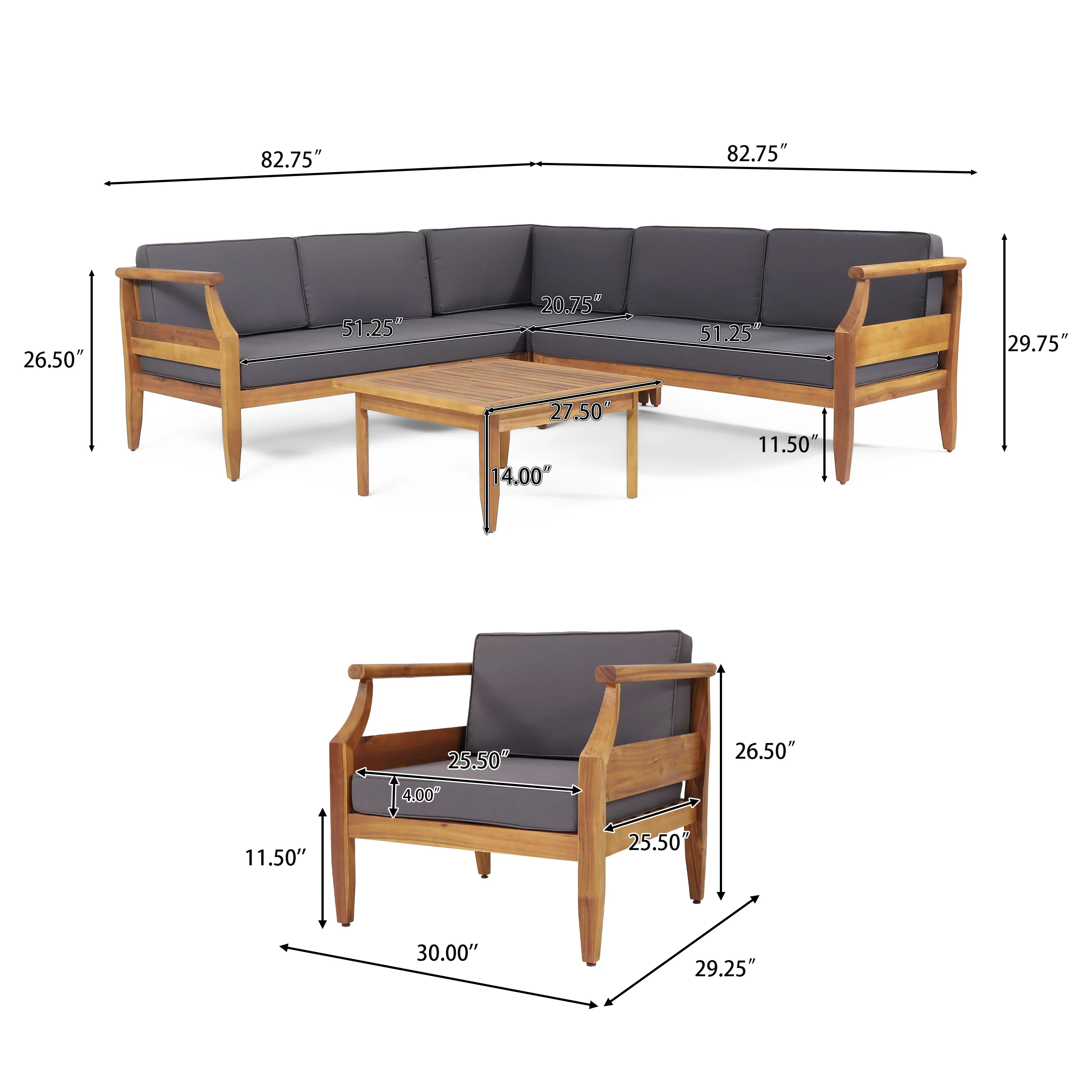 Bianca Outdoor Mid-Century Modern Acacia Wood 5 Seater Sectional Chat Set with Club Chair, Teak and Dark Gray - furnishings