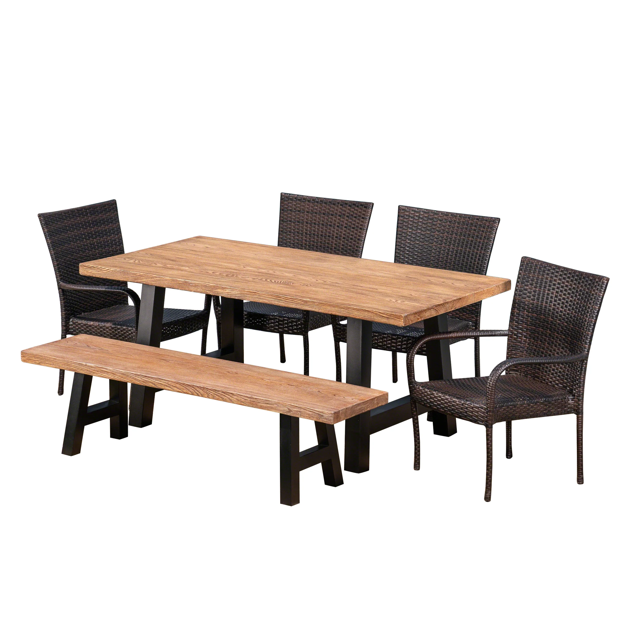 Allison Outdoor 6-Piece Stacking Wicker and Concrete Lightweight Dining Set with Natural Oak Finish in Multibrown - furnishings