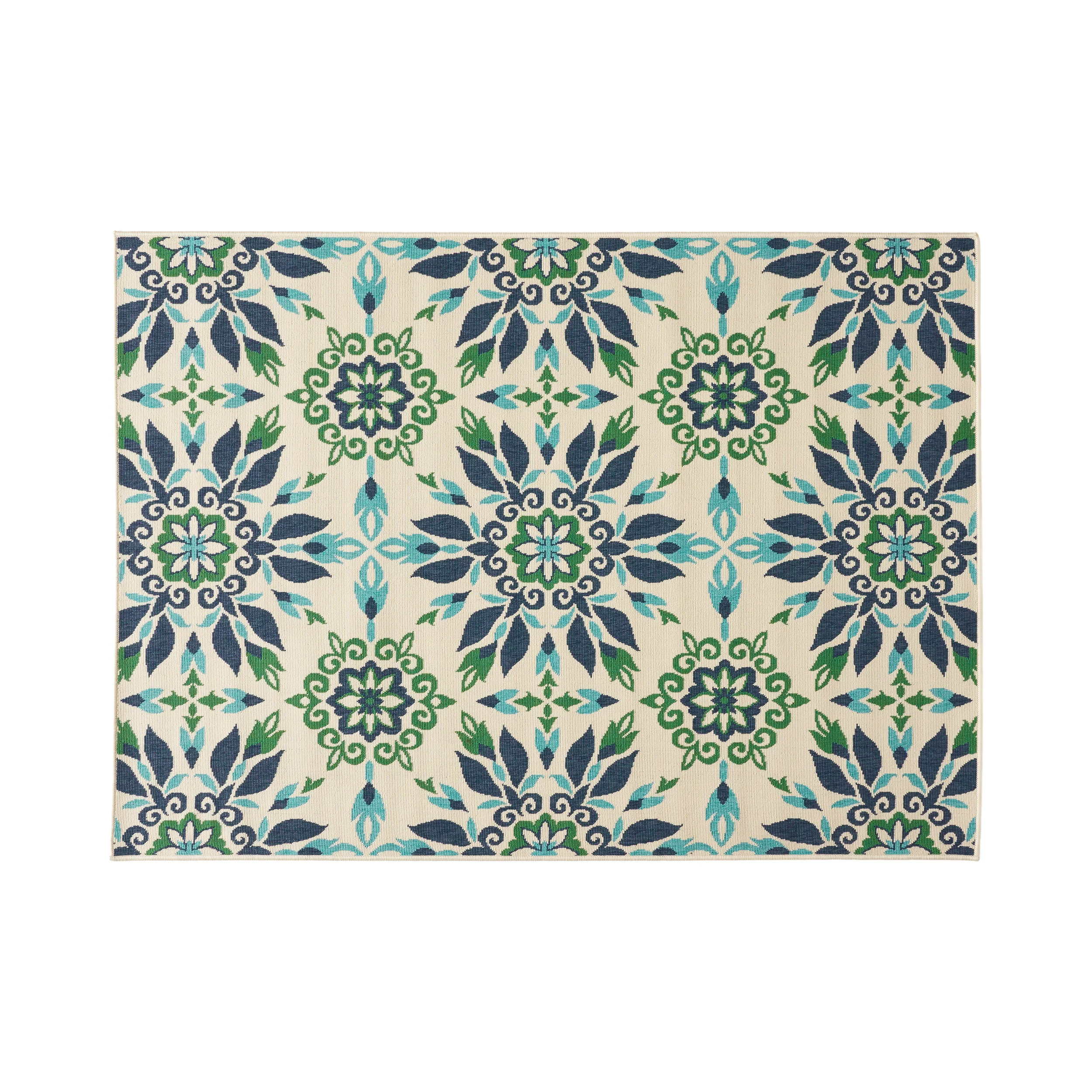Phoebe Outdoor Medallion Area Rug, Ivory and Blue - furnishings