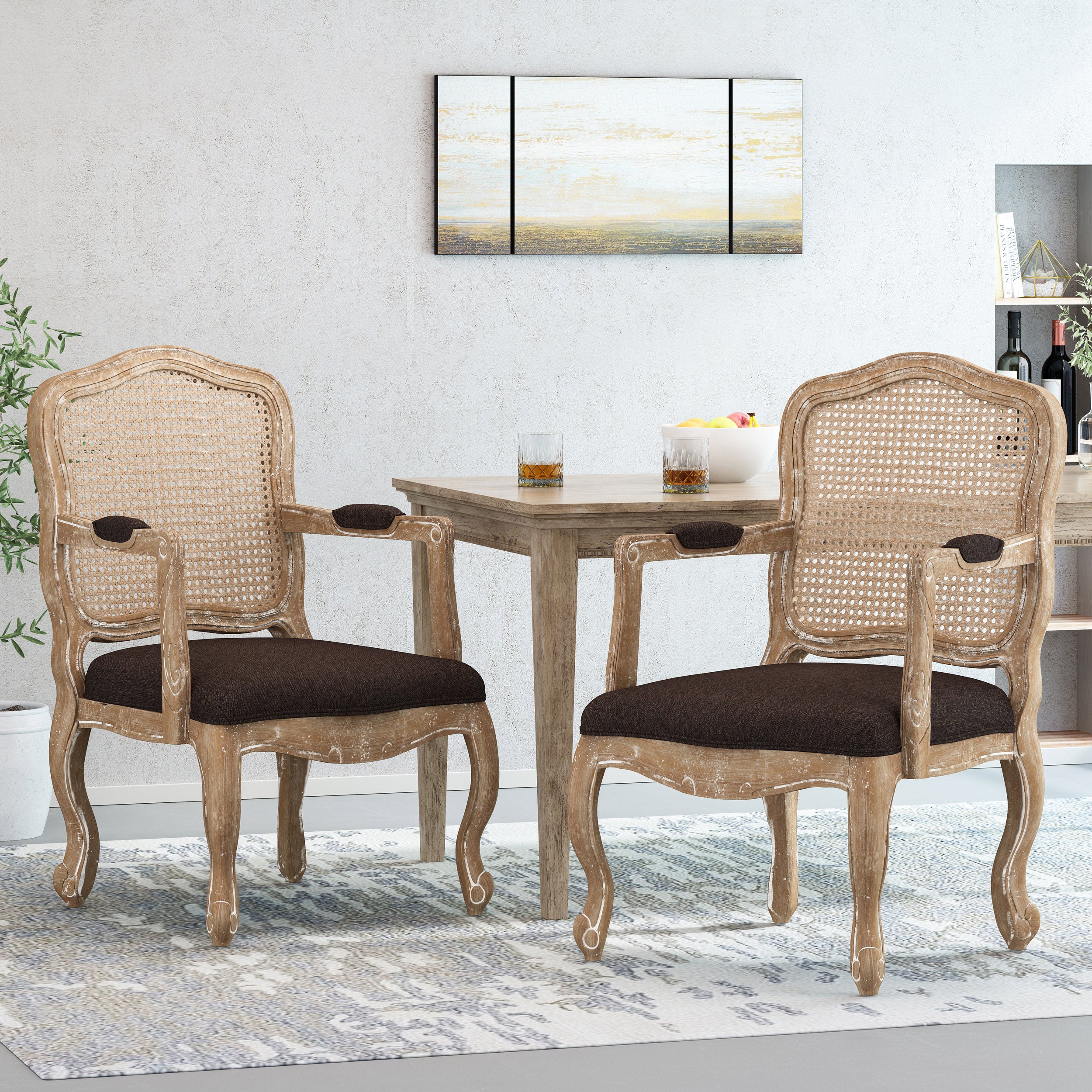Biorn French Country Wood and Cane Upholstered Dining Armchair - furnishings