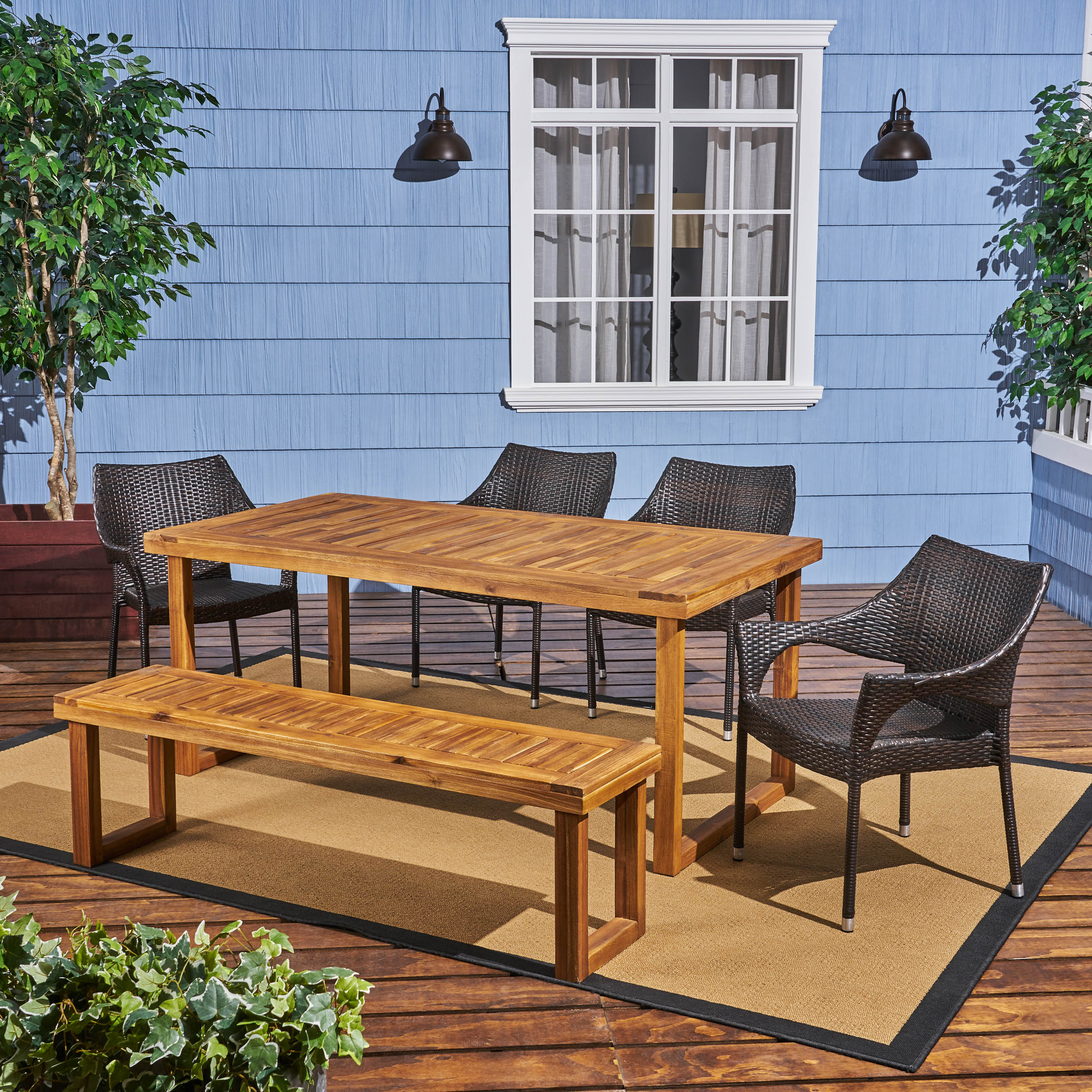 Cason Outdoor 6-Seater Wood and Wicker Chair and Bench Dining Set - furnishings