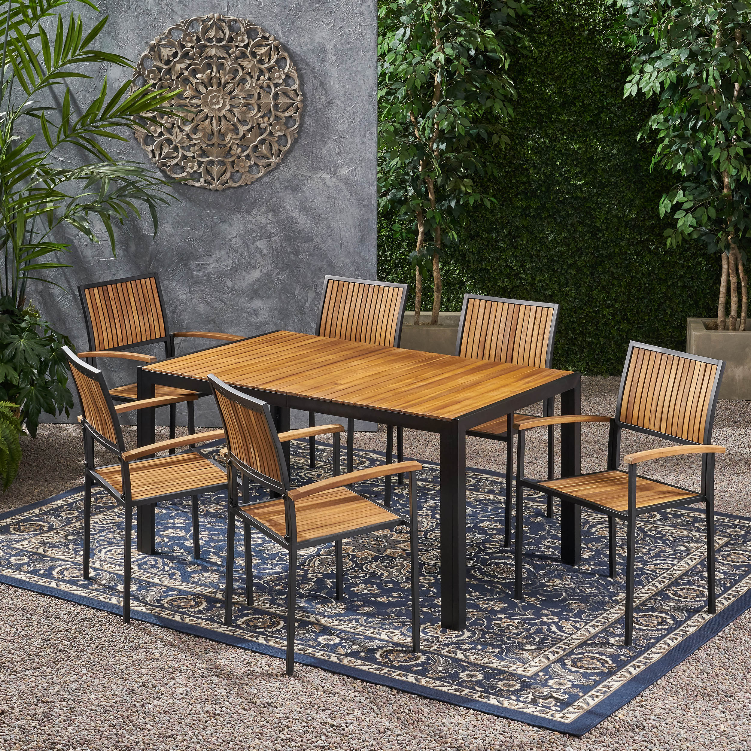 Grace Outdoor 6 Seater Acacia Wood Dining Set with an Iron Frame - furnishings