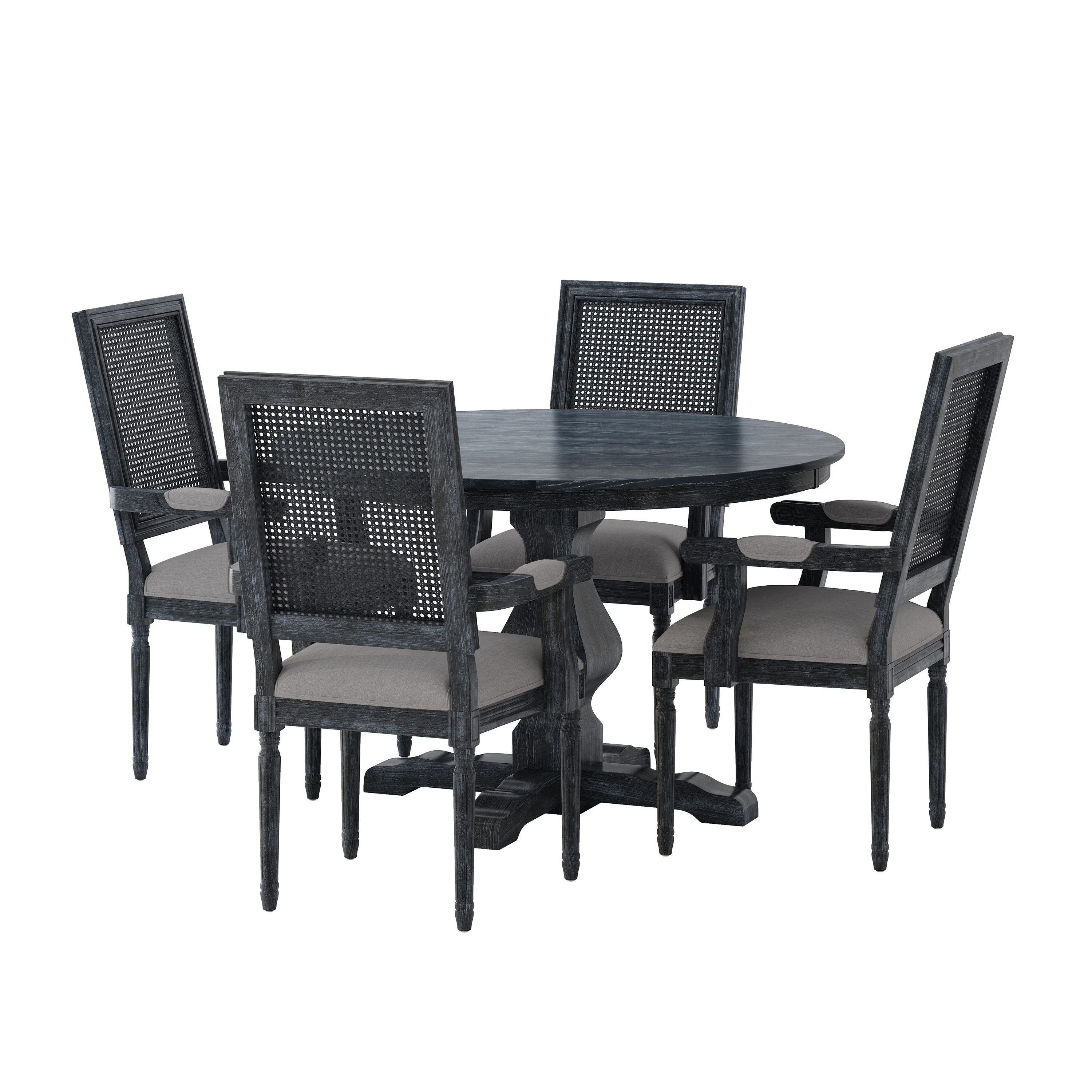 Joretta French Country Fabric Upholstered Wood and Cane 5 Piece Circular Dining Set - furnishings