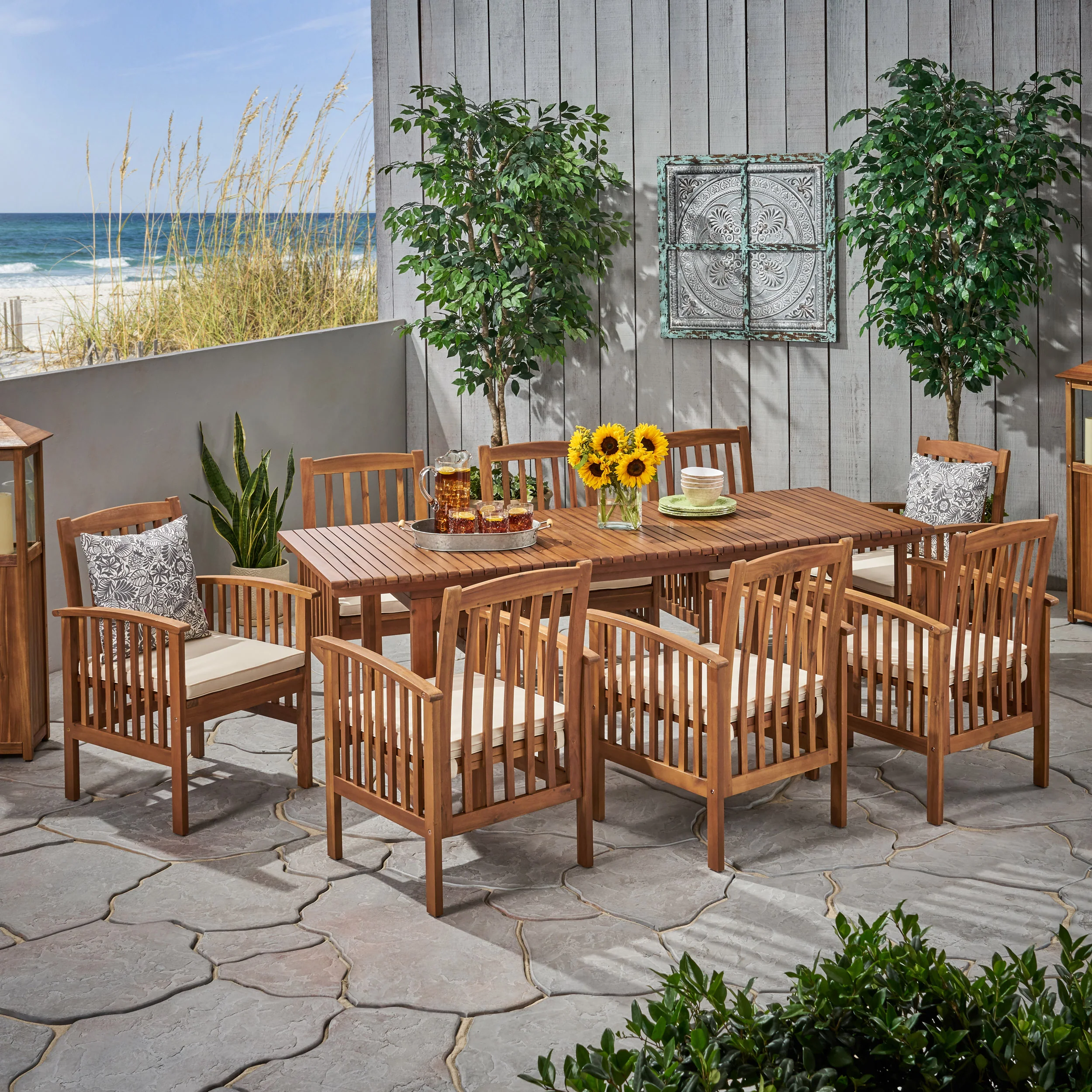 Bowdon Outdoor 8 Seater Expandable Acacia Wood Dining Set - furnishings