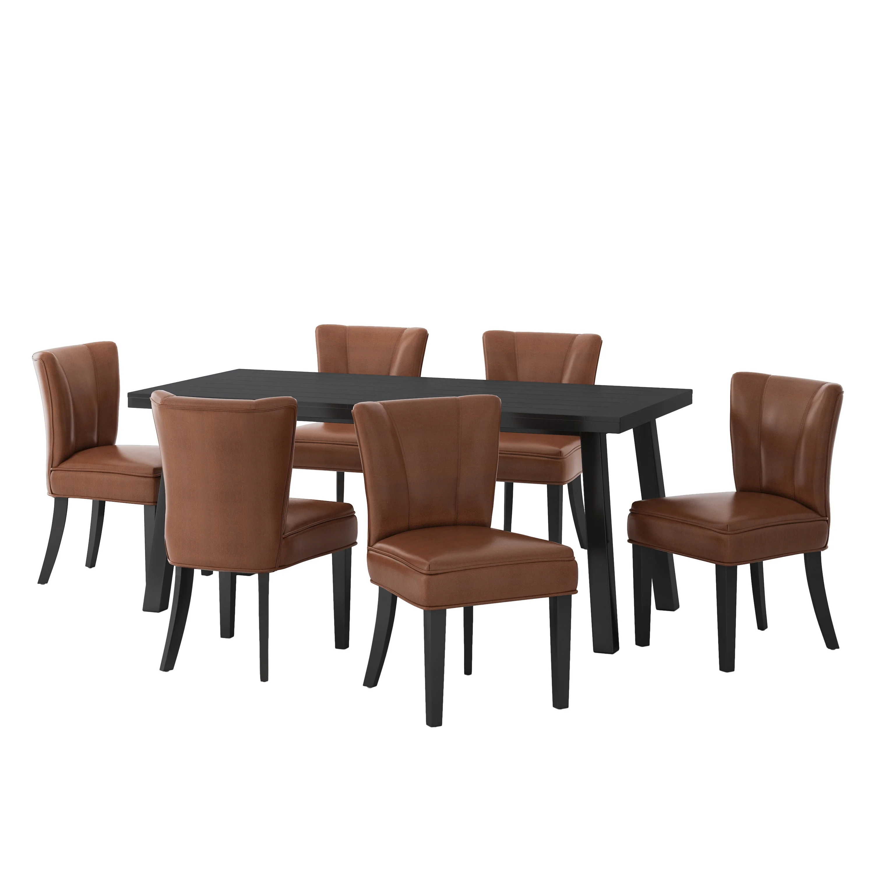 Eiden Modern Industrial Faux Leather and Acacia Wood 7 Piece Dining Set, Cognac Brown and Black - furnishings