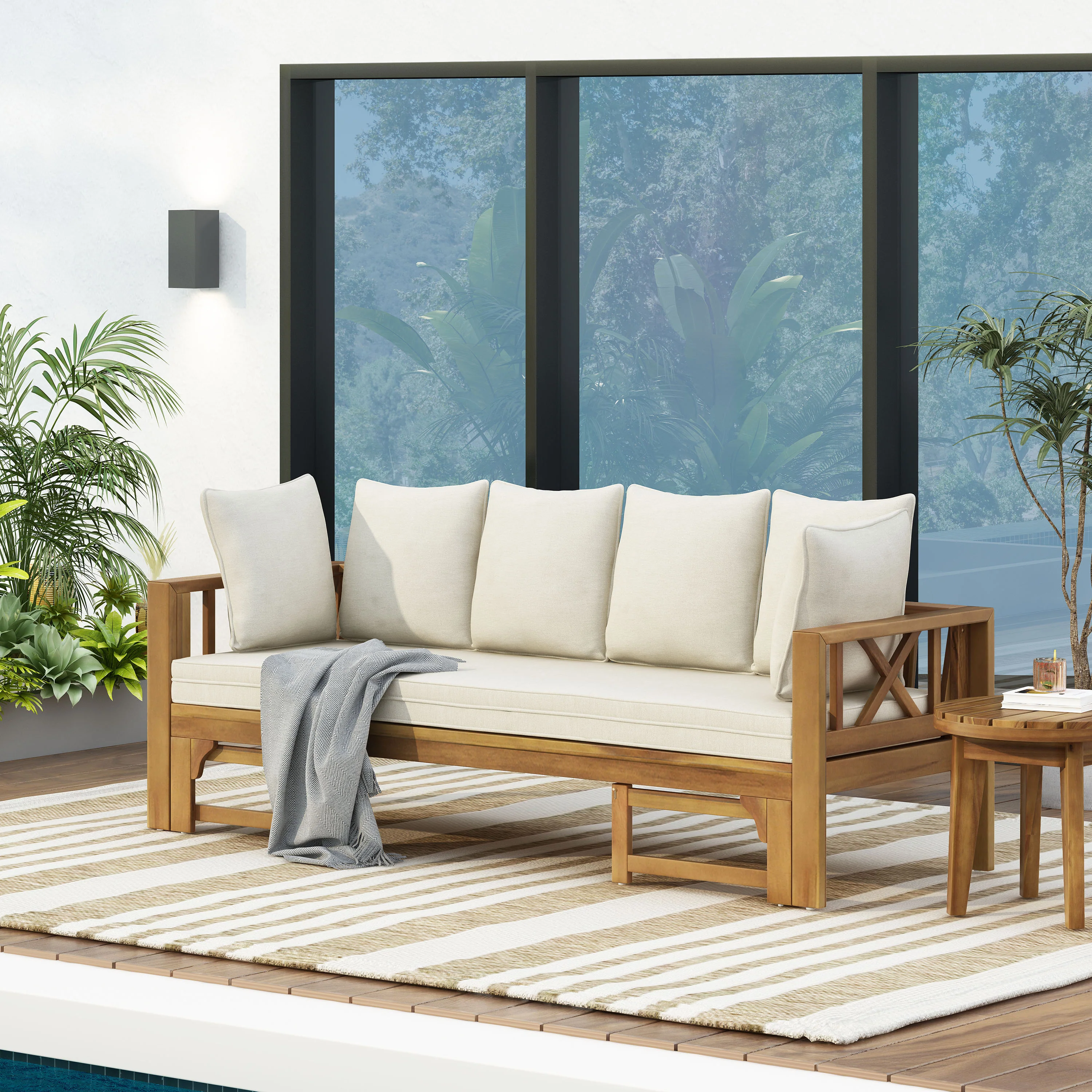 Camille Outdoor Extendable Acacia Wood Daybed Sofa - furnishings