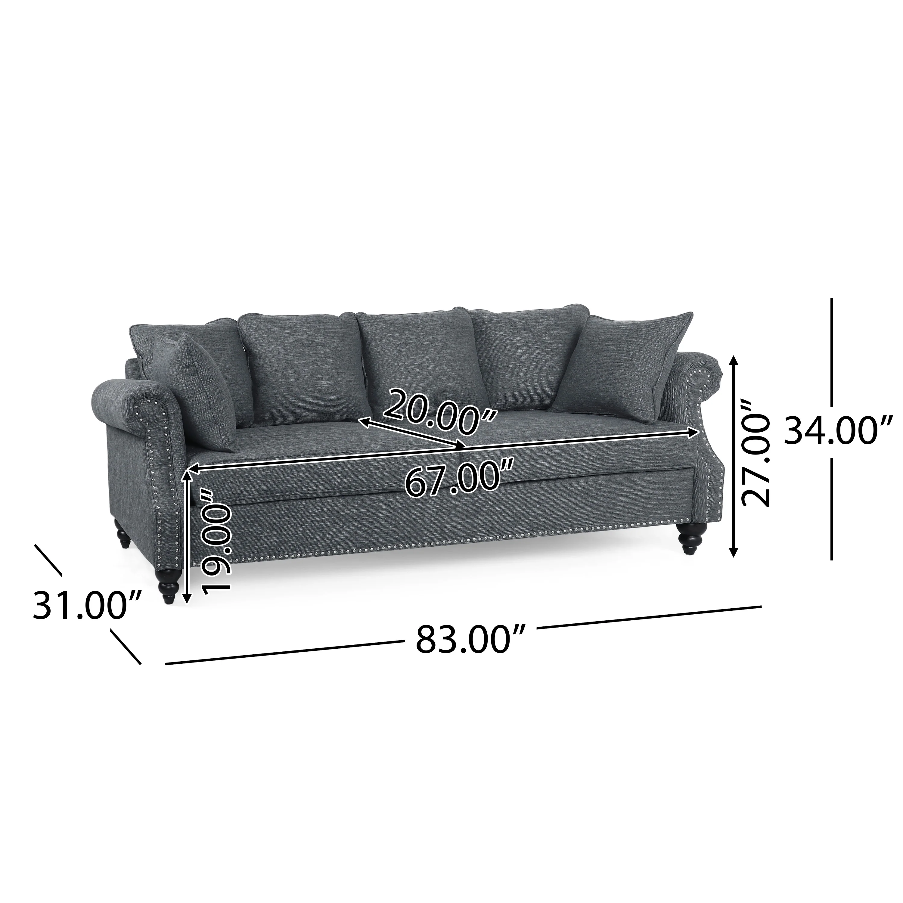 Bonny Contemporary Fabric Pillowback 3 Seater Sofa with Nailhead Trim - furnishings