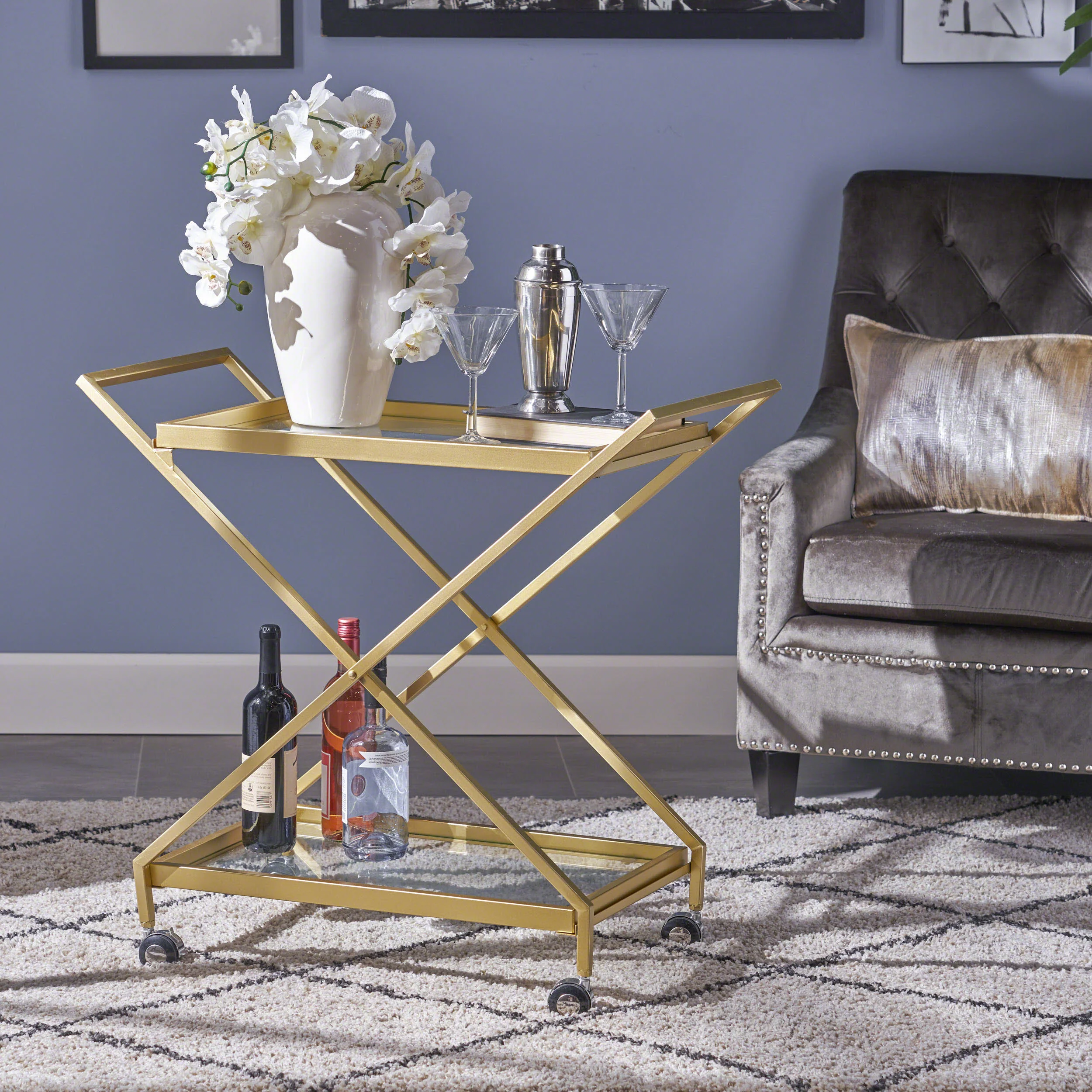 Easter Indoor Industrial Iron and Glass Bar Cart, Gold - furnishings