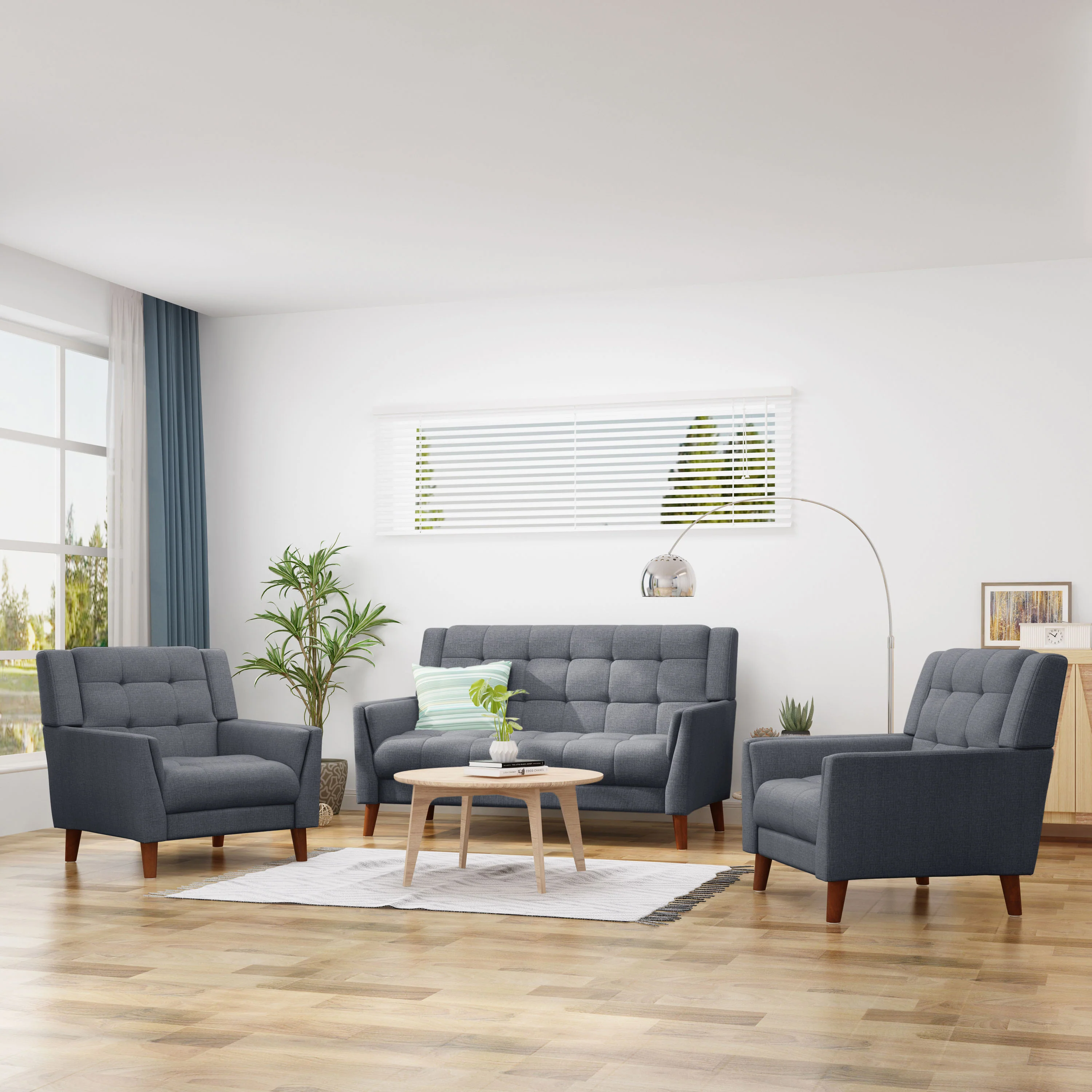 Evelyn Mid Century Modern 3-Piece Chairs & Loveseat Fabric Living Room Set - furnishings