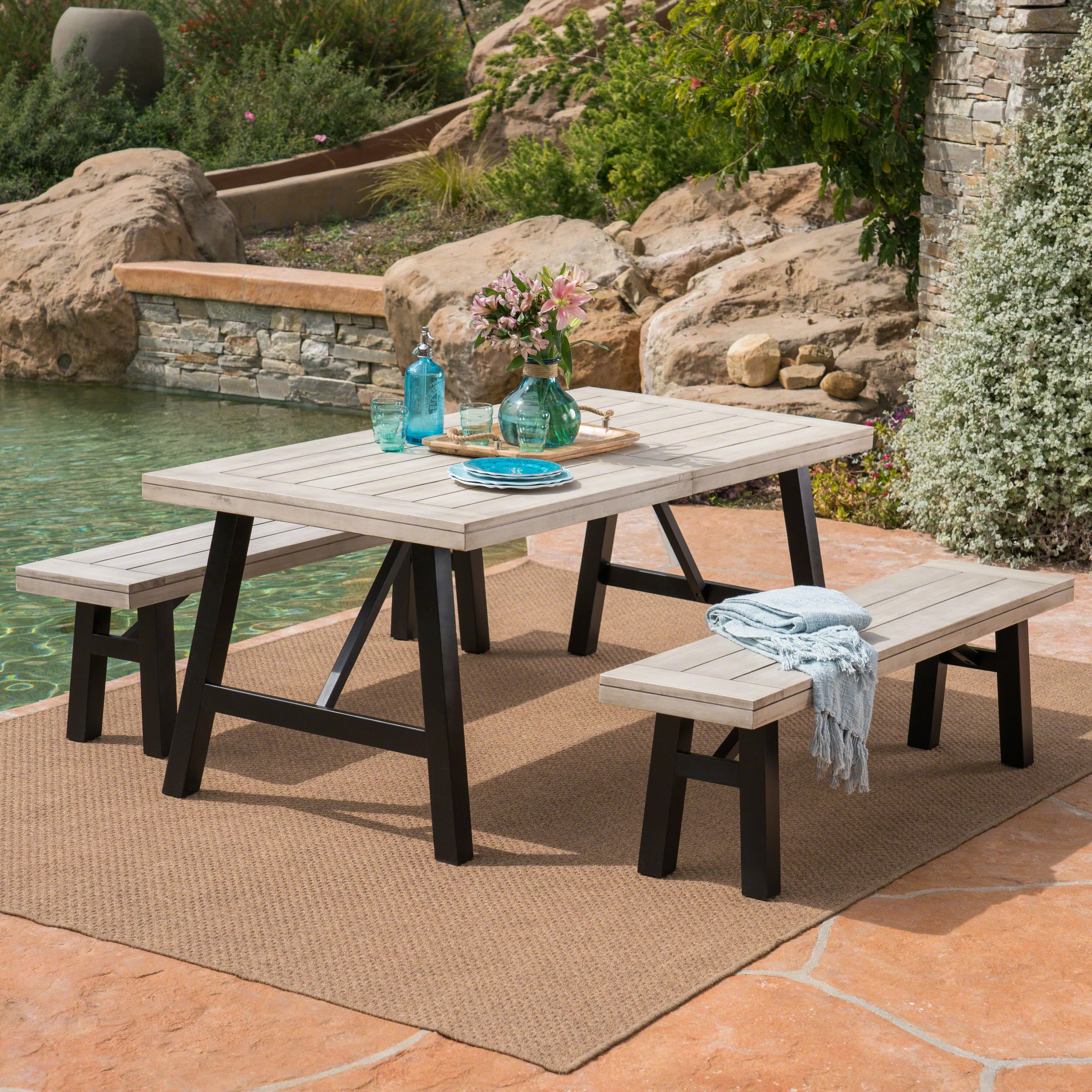 Anemone Outdoor 3 Piece Light Gray Finished Acacia Wood Picnic Set - furnishings