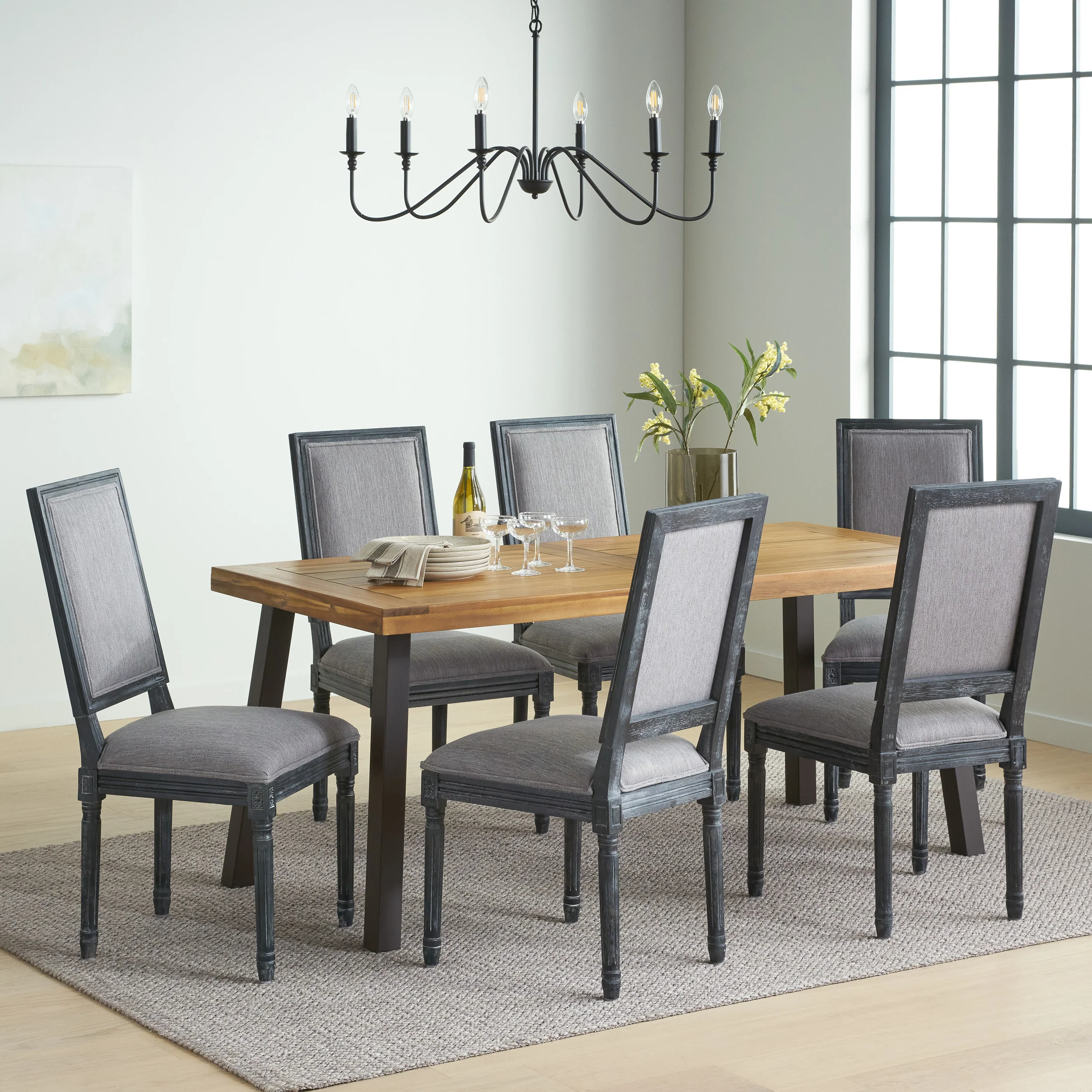 Tengren Farmhouse Fabric Upholstered Wood and Iron 7 Piece Dining Set - furnishings