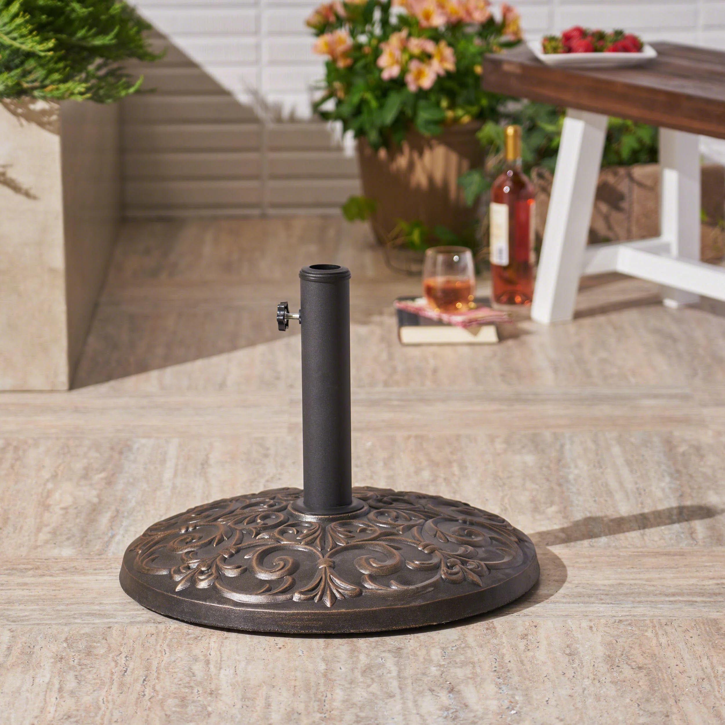 Sade Outdoor 60lb Concrete Circular Umbrella Base, Hammered Dark Copper - furnishings