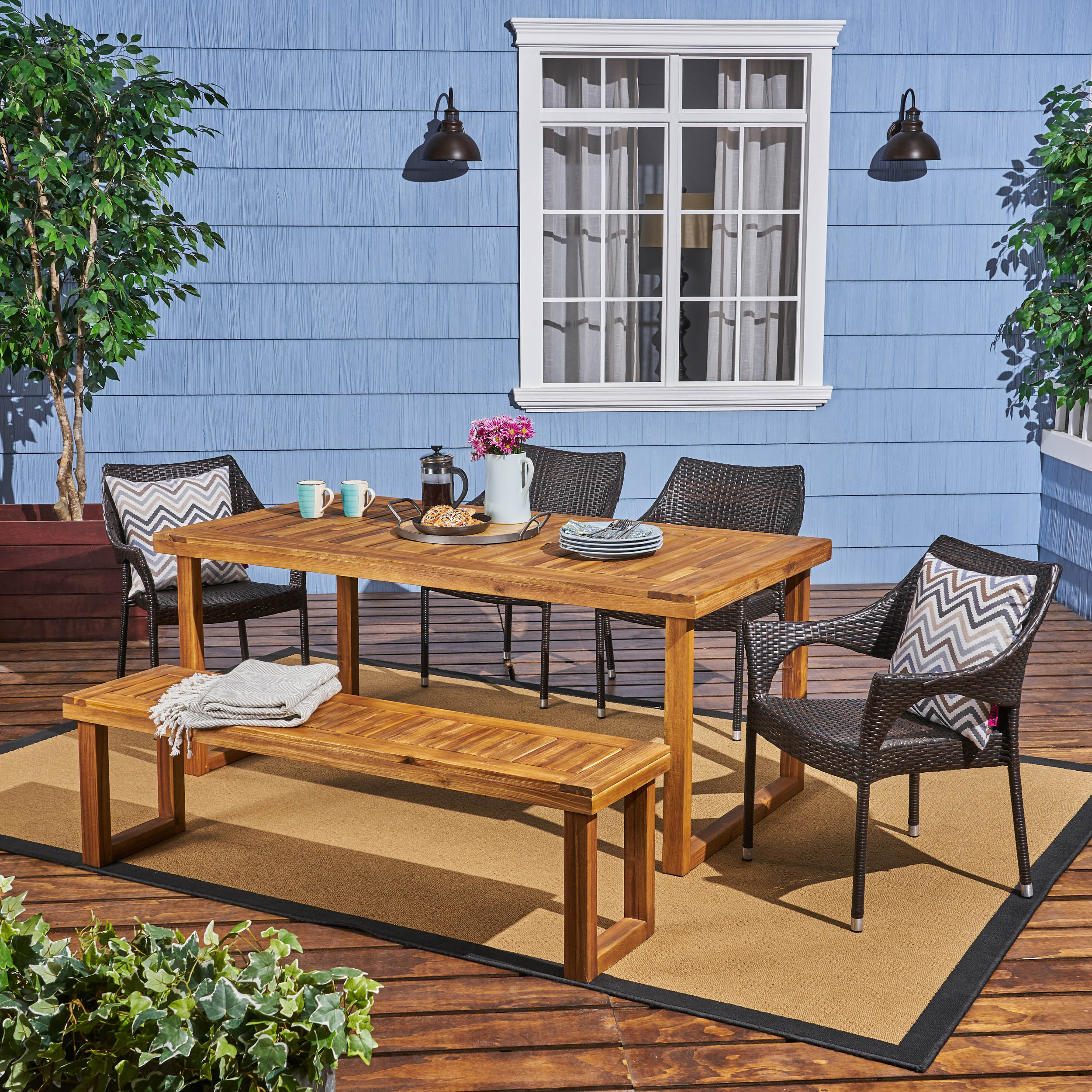 Cason Outdoor 6-Seater Wood and Wicker Chair and Bench Dining Set - furnishings