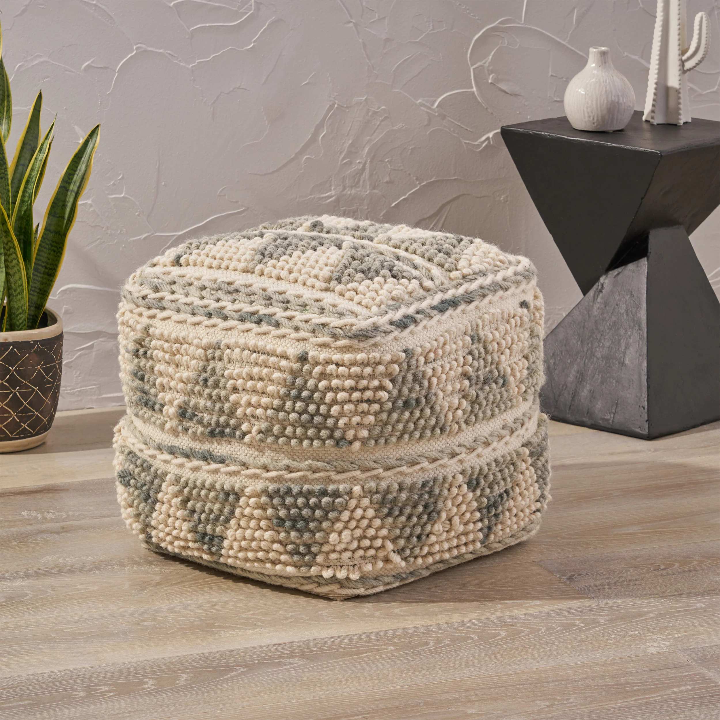 Rosalin Boho Wool and Cotton Ottoman Pouf - furnishings