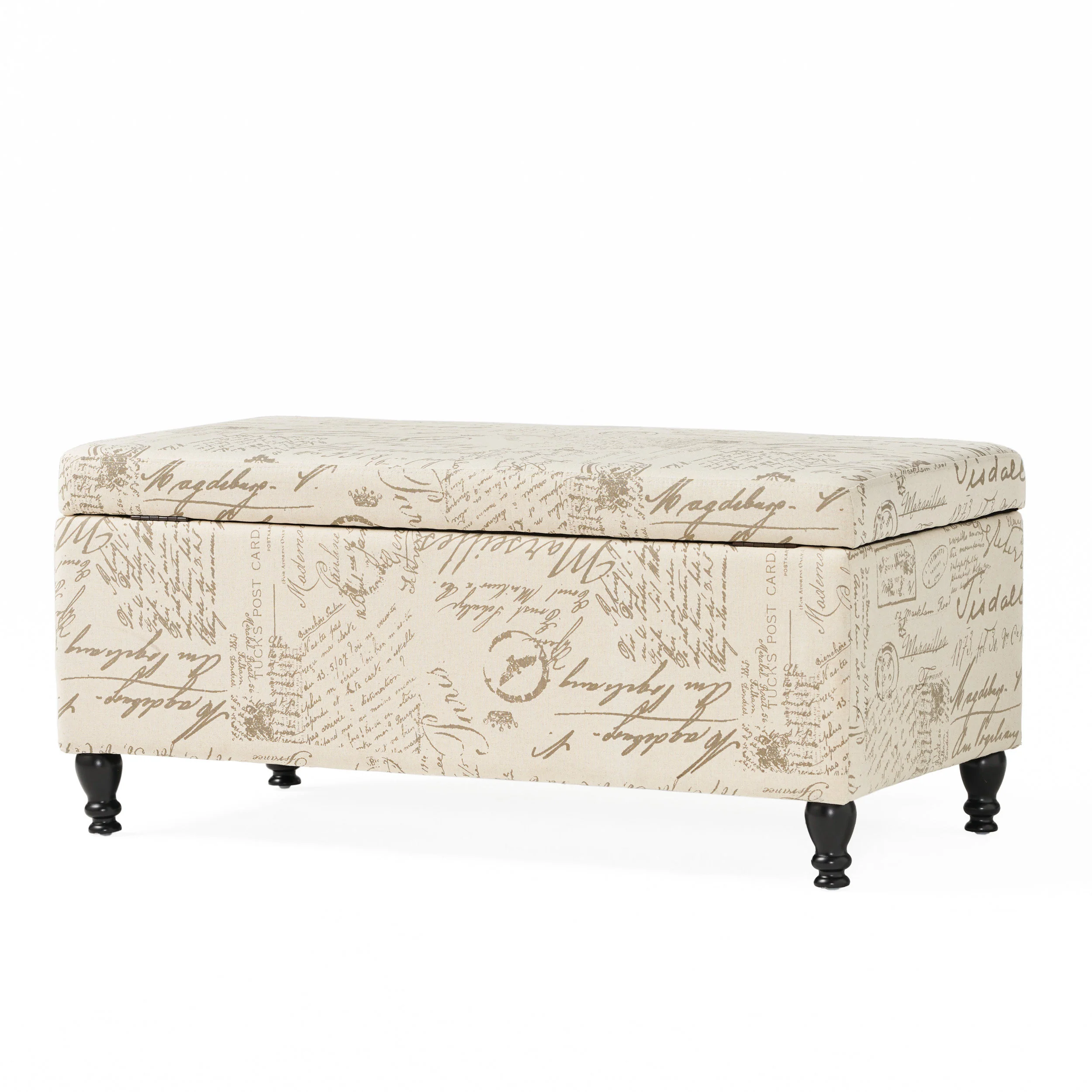 Kingsbury Fabric Storage Ottoman Bench with French Script - furnishings