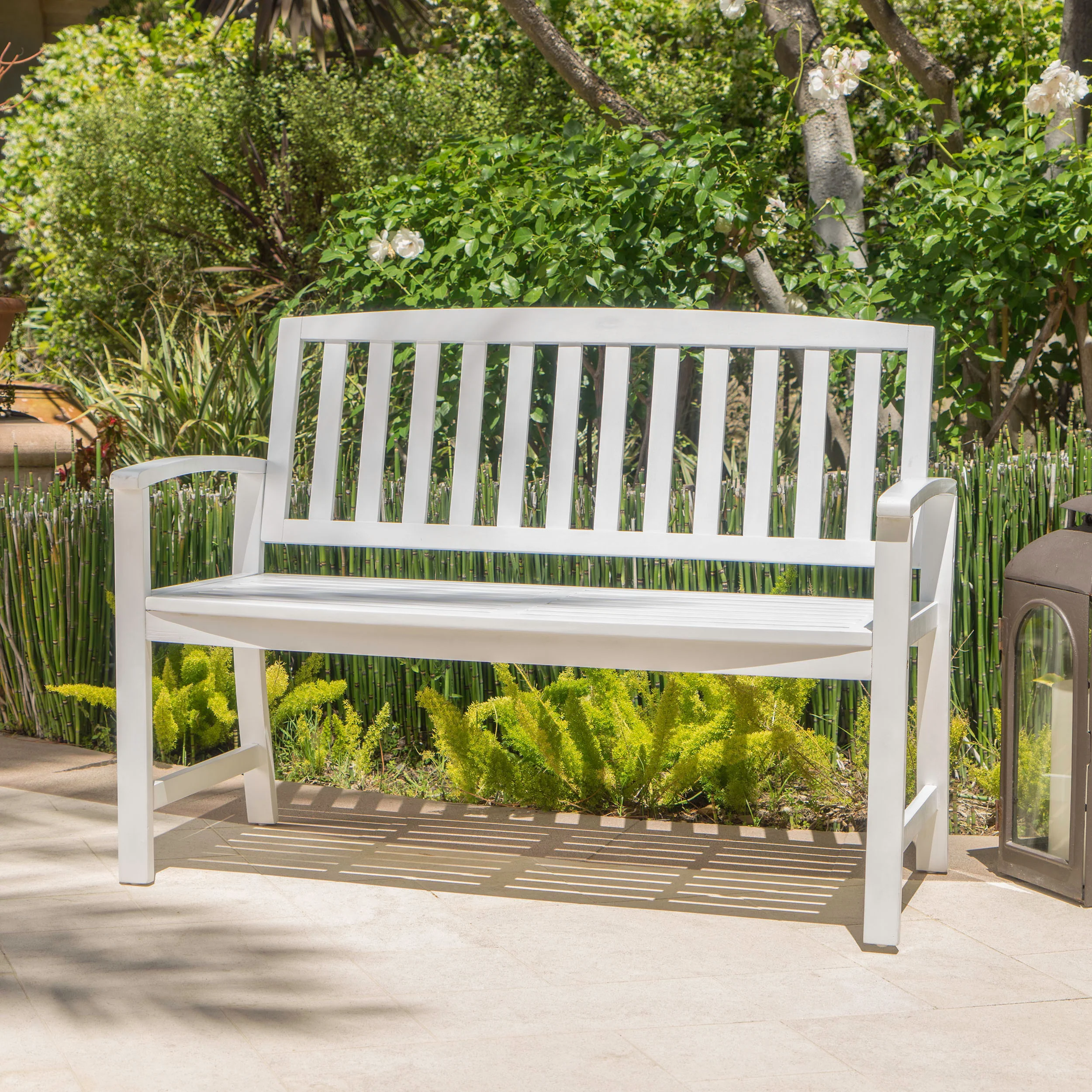 Laguna Outdoor Rustic Acacia Wood Bench with Open Slat Backrest - furnishings