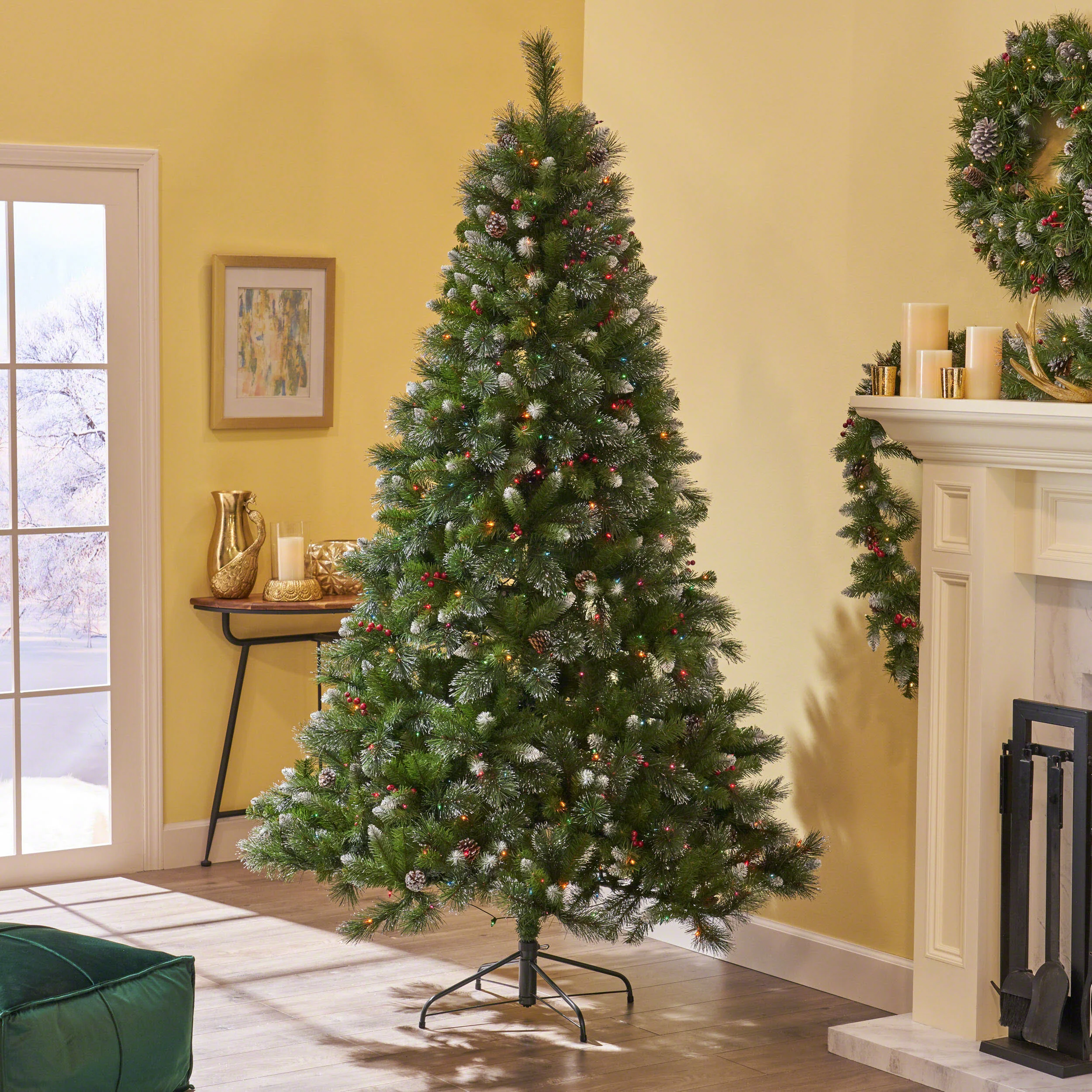 9-foot Mixed Spruce Hinged Artificial Christmas Tree with Glitter Branches, Red Berries, and Pinecones - furnishings