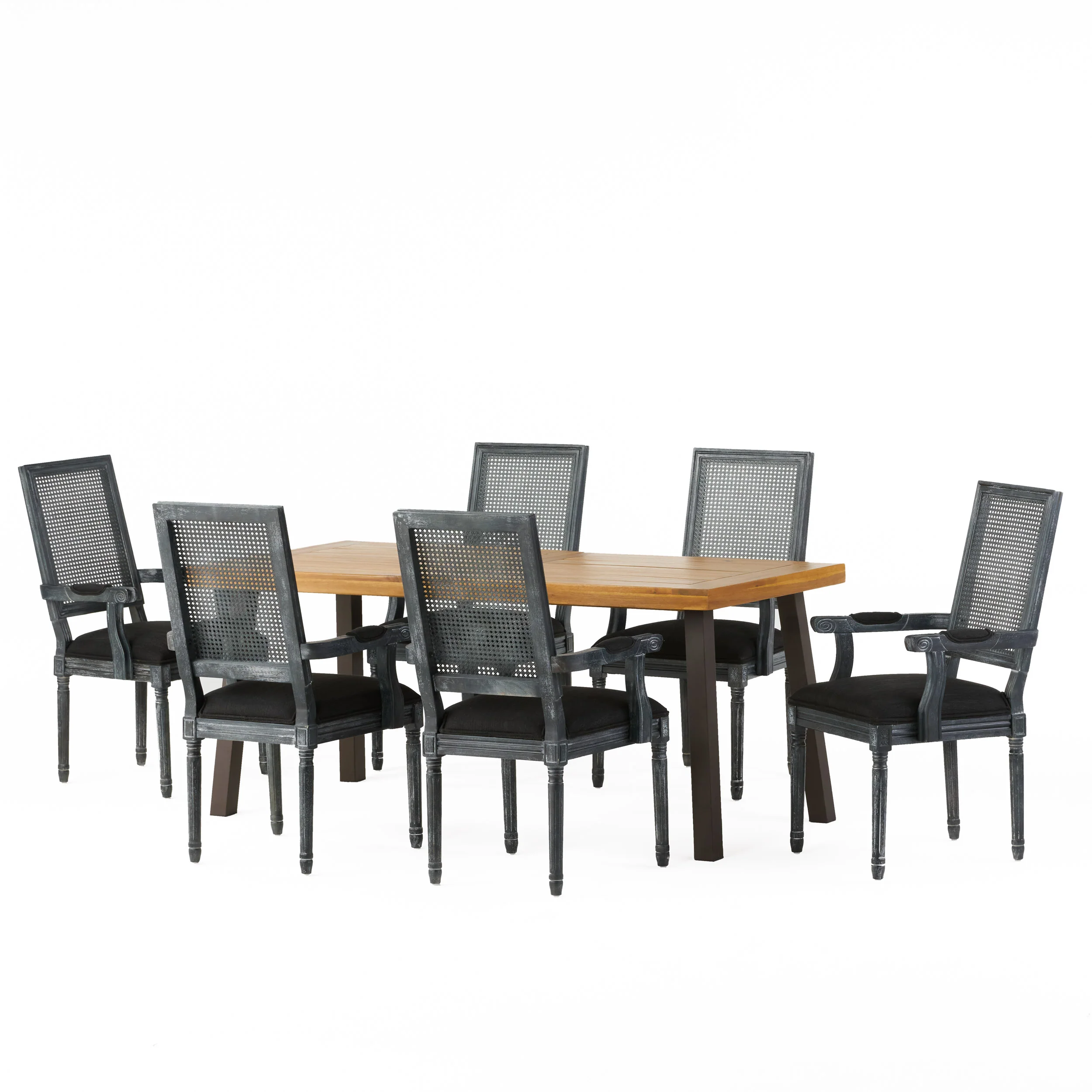 Marten Farmhouse Fabric Upholstered Wood and Cane 7 Piece Dining Set - furnishings