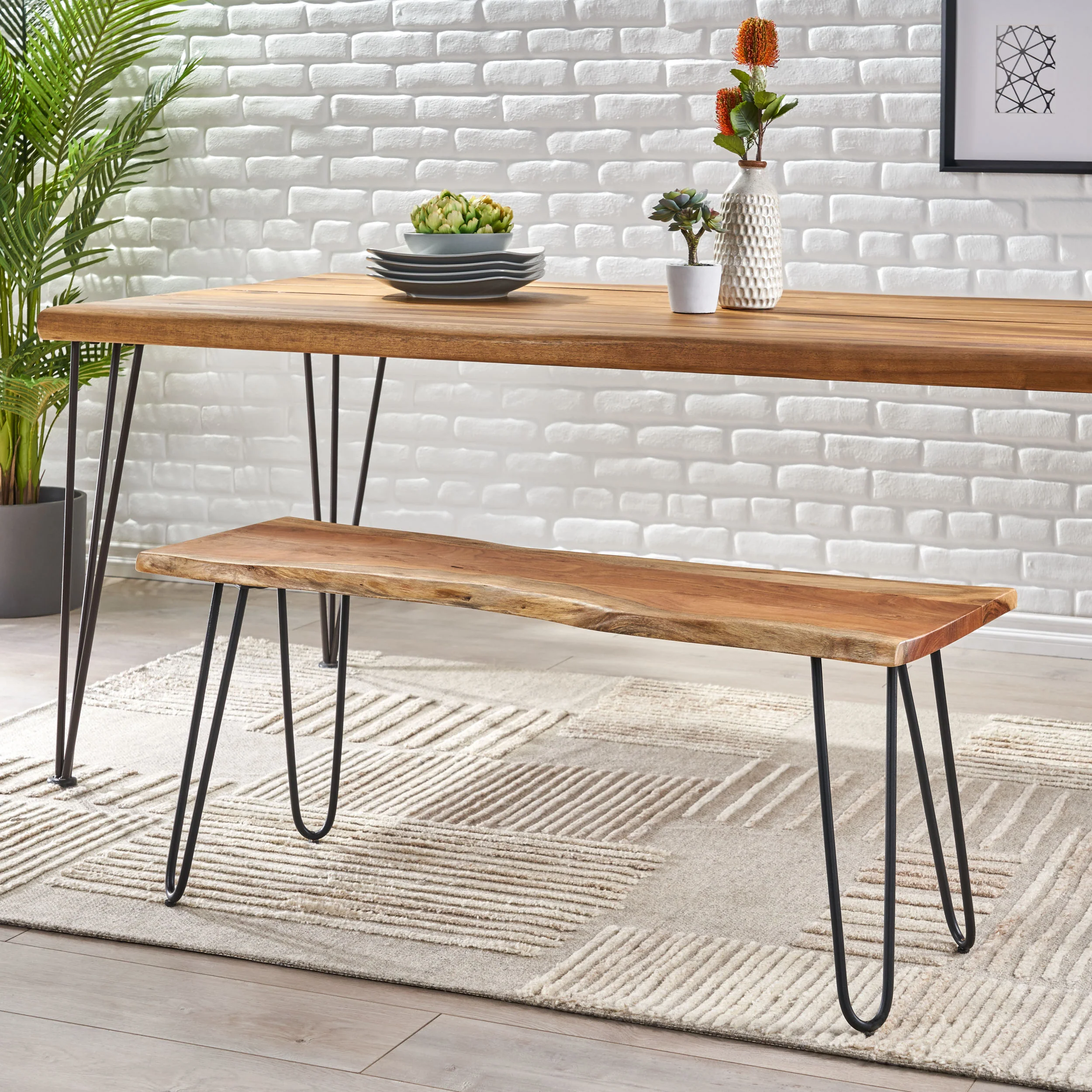 Bullard Modern Industrial Handmade Acacia Wood Dining Bench with Hairpin Legs, Natural and Black - furnishings