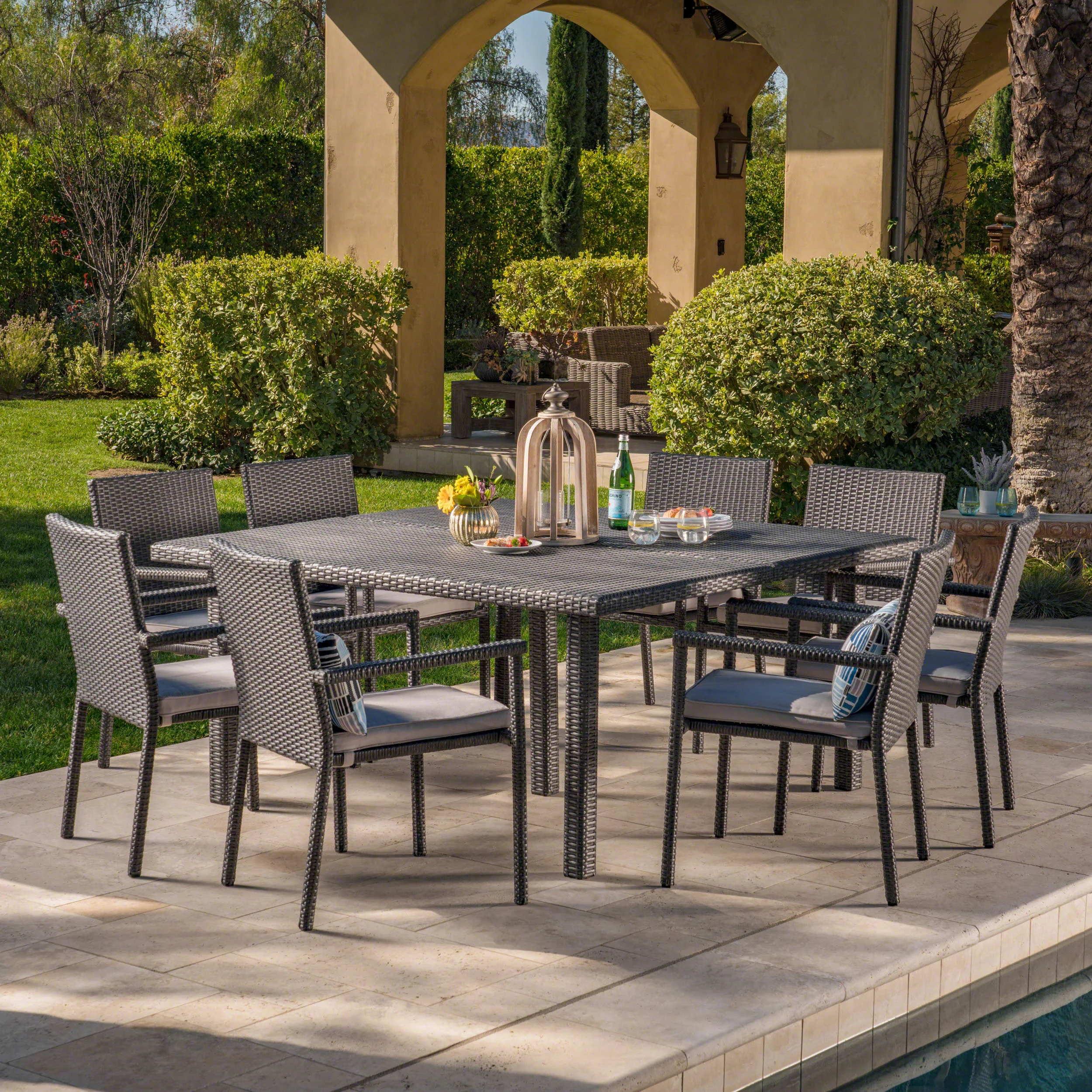 Aden Outdoor 9 Piece Wicker Dining Set with Water Resistant Cushions - furnishings