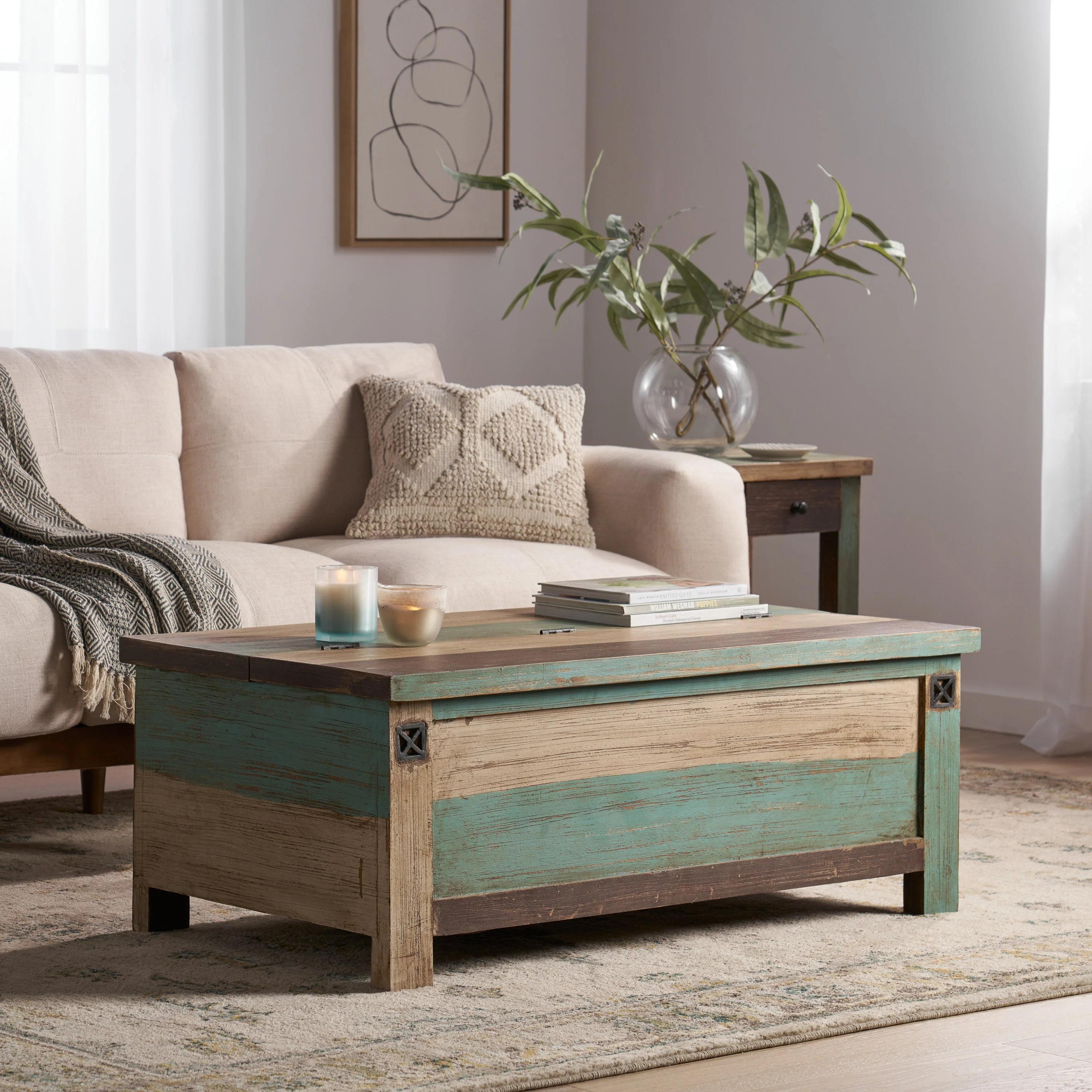 Templin Boho Handmade Distressed Mango Wood Storage Coffee Table, Multicolored - furnishings
