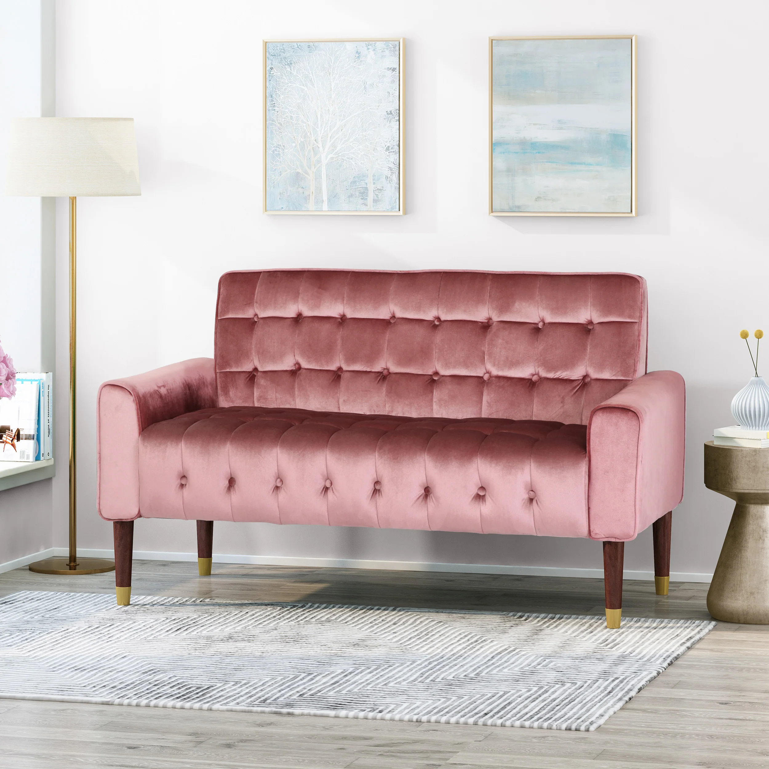 Aubrie Tufted Velvet Loveseat with Gold Tipped Tapered Legs - furnishings