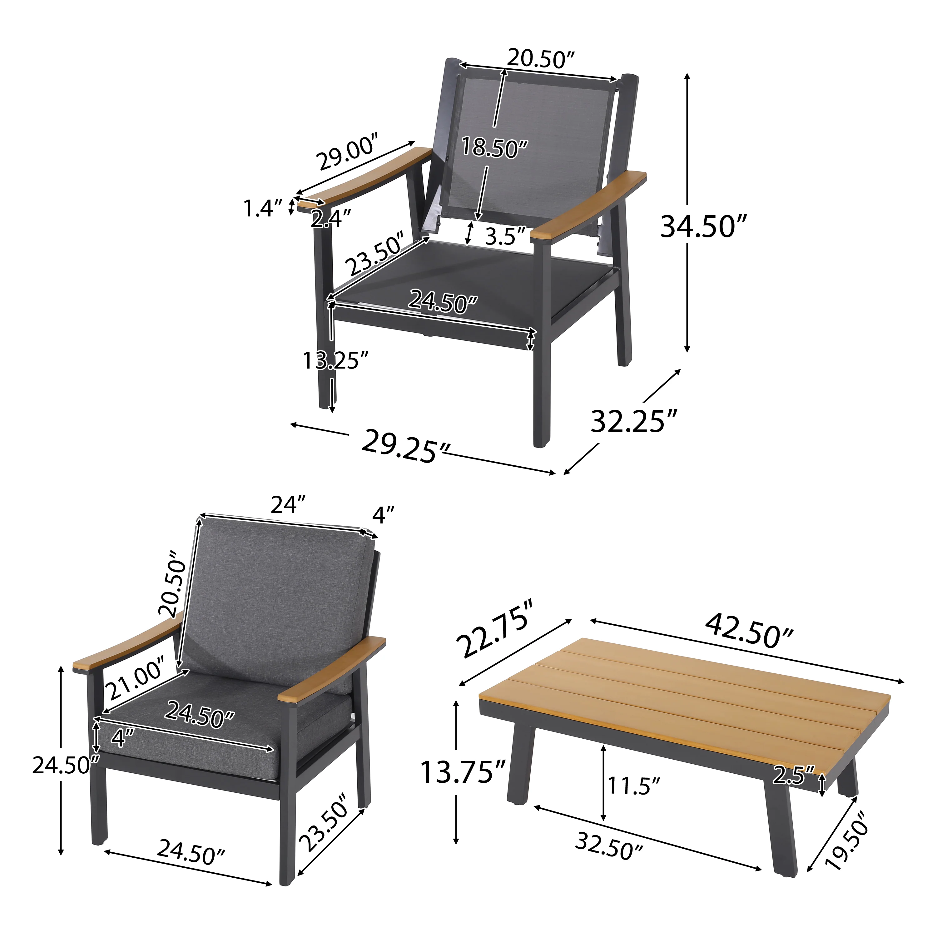 Mathias Outdoor 4 Piece Aluminum and Faux Wood Chat Set with Cushions - furnishings