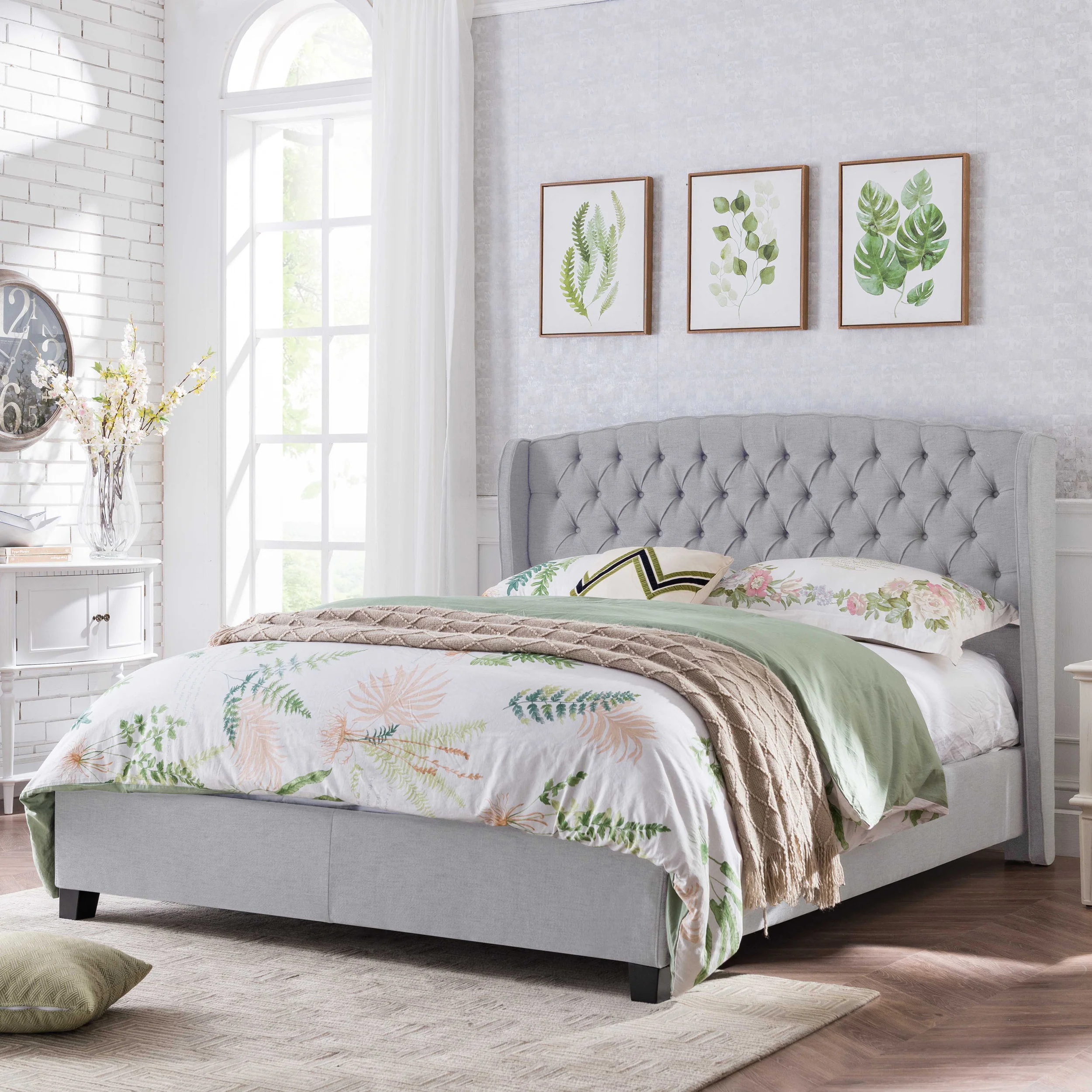 Elizabeth Fully-Upholstered King-Size Platform Bed Frame, Low-Profile, Contemporary - furnishings