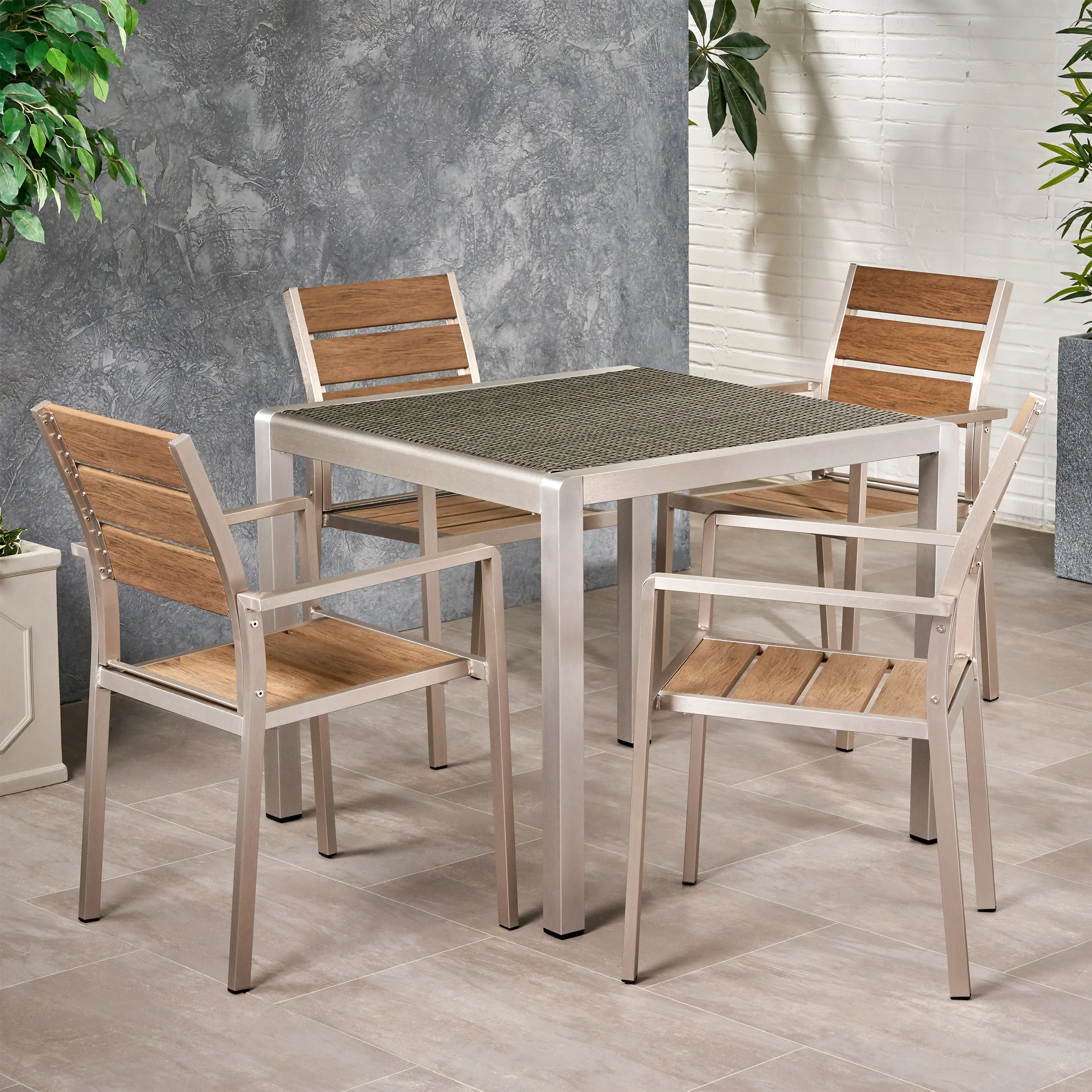 Cherie Outdoor Modern Aluminum 4 Seater Dining Set with Faux Wood Seats and Wicker Table Top - furnishings