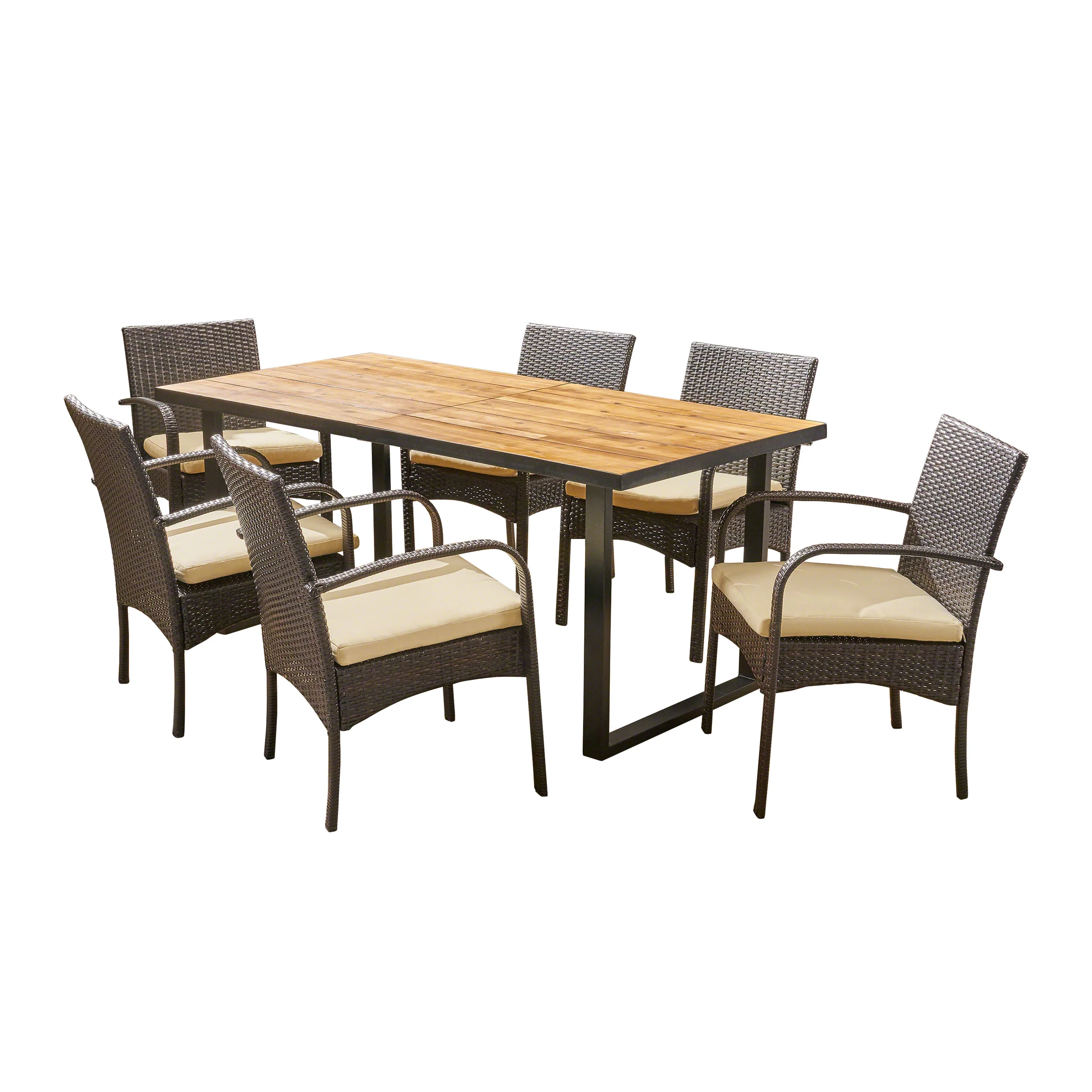 Amenda Outdoor 6-Seater Rectangular Acacia Wood and Wicker Dining Set, Teak with Black and Multi Brown with Cream - furnishings