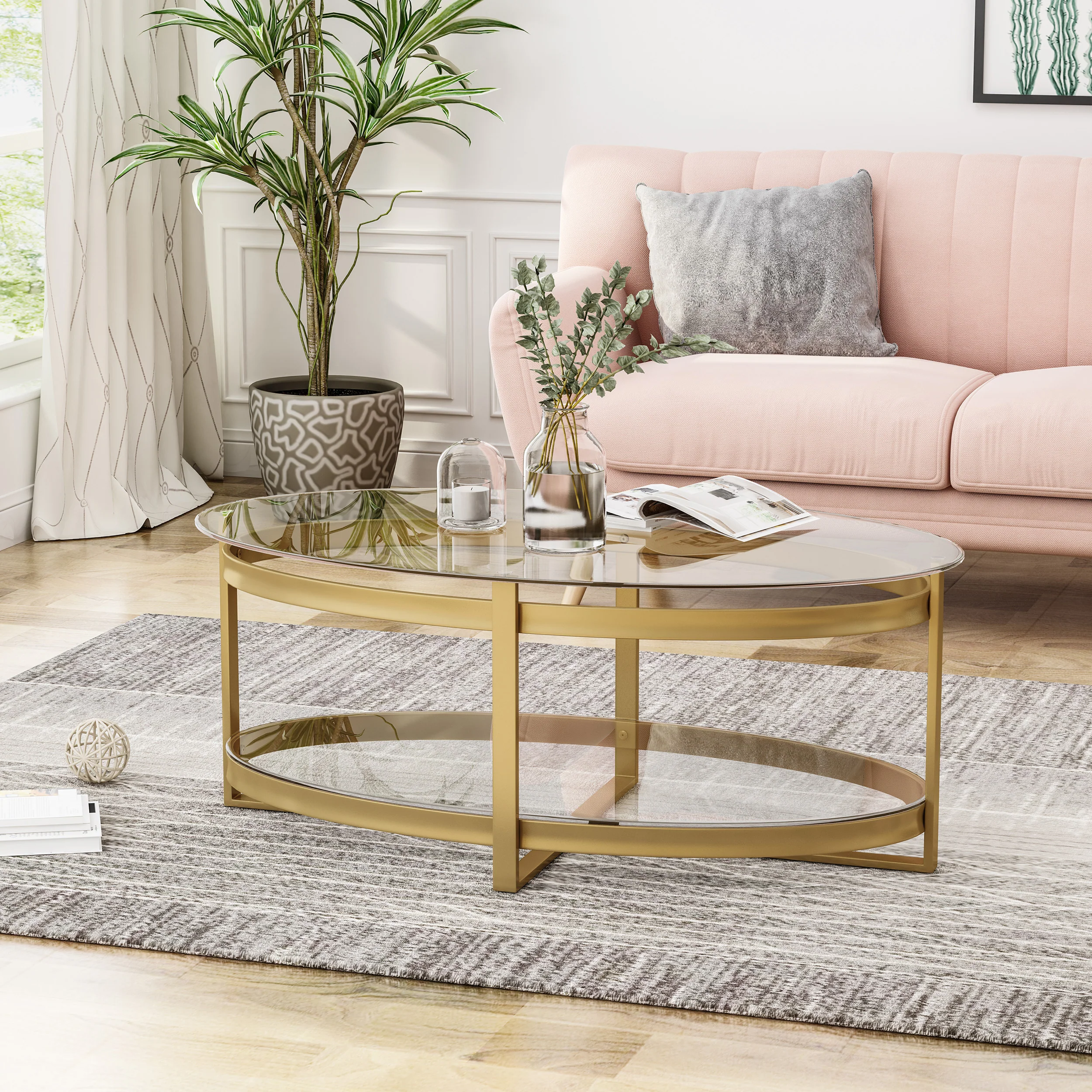 Peterborough Modern Glam Tempered Glass Oval Coffee Table with Iron Frame - furnishings
