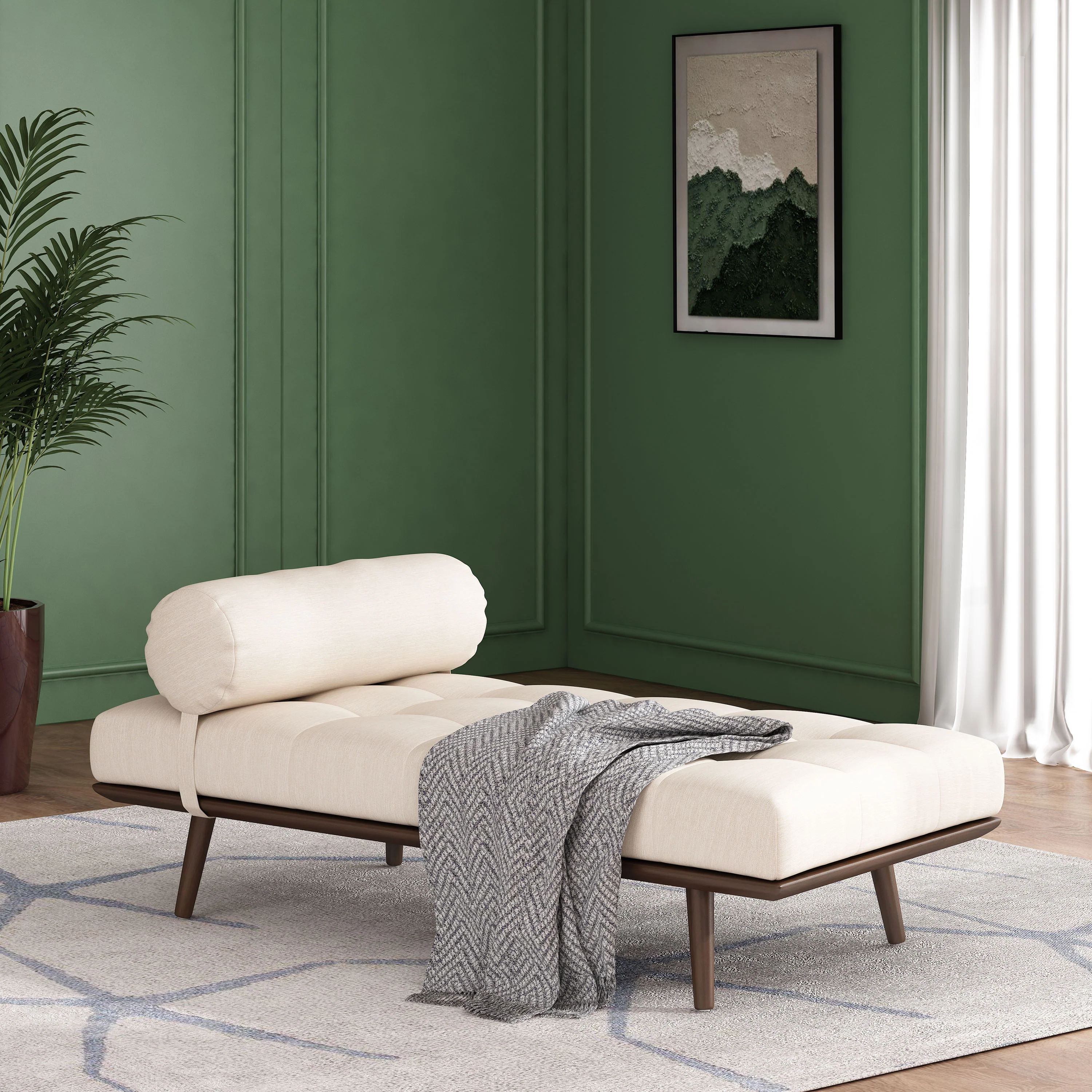 Lancer Mid Century Modern Fabric Tufted Chaise Lounge with Bolster Pillow - furnishings