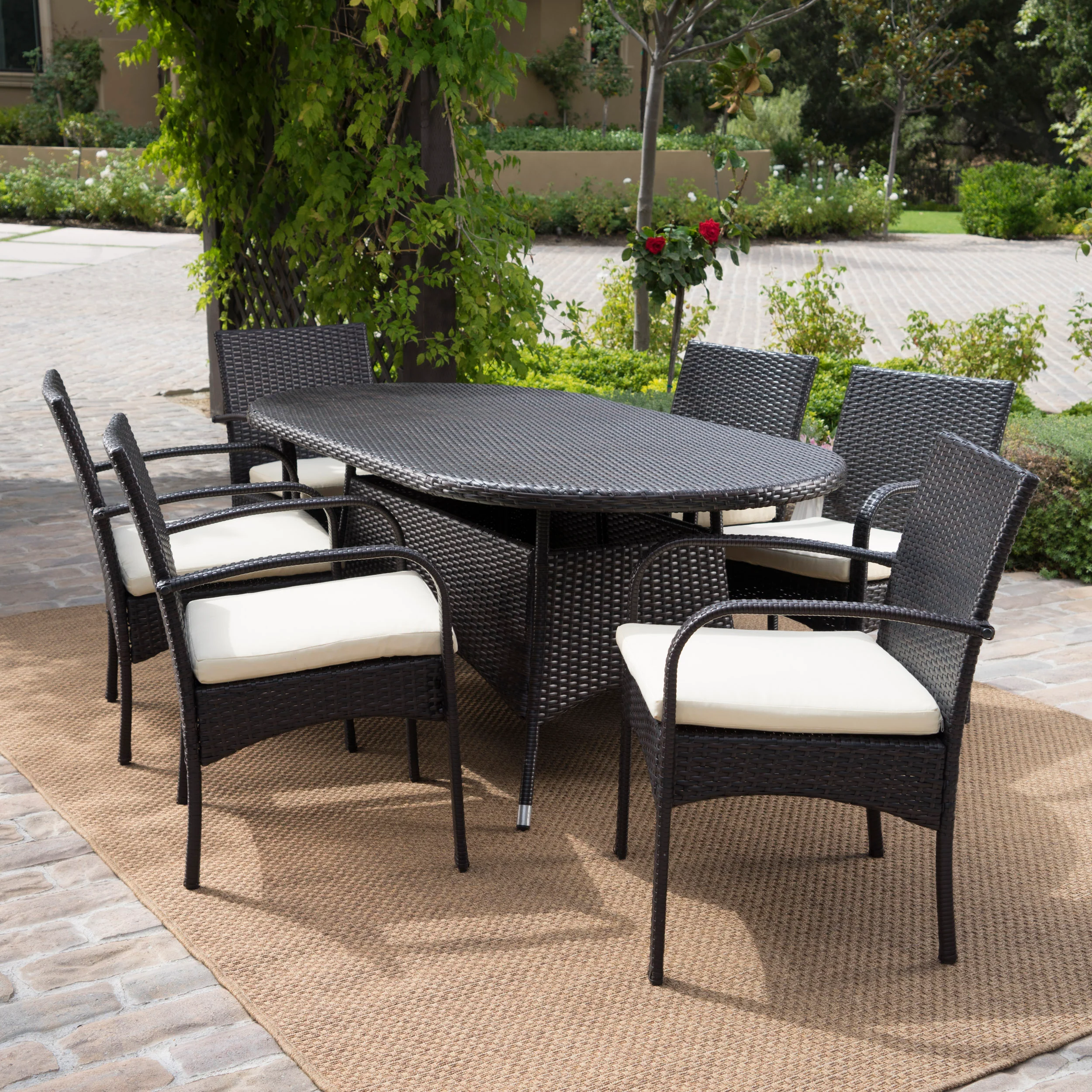 Carmela Outdoor 7pc Multibrown PE Wicker Long Dining Set - furnishings