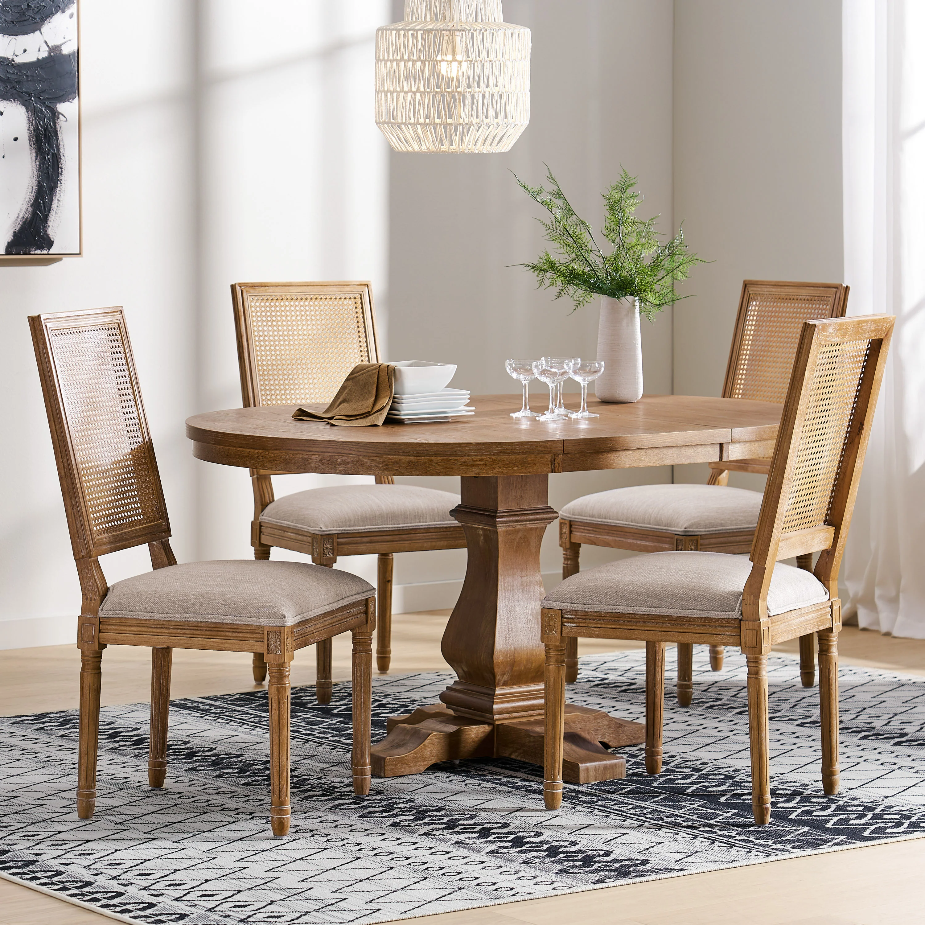Brownell French Country Wood and Cane 5-Piece Expandable Oval Dining Set - furnishings