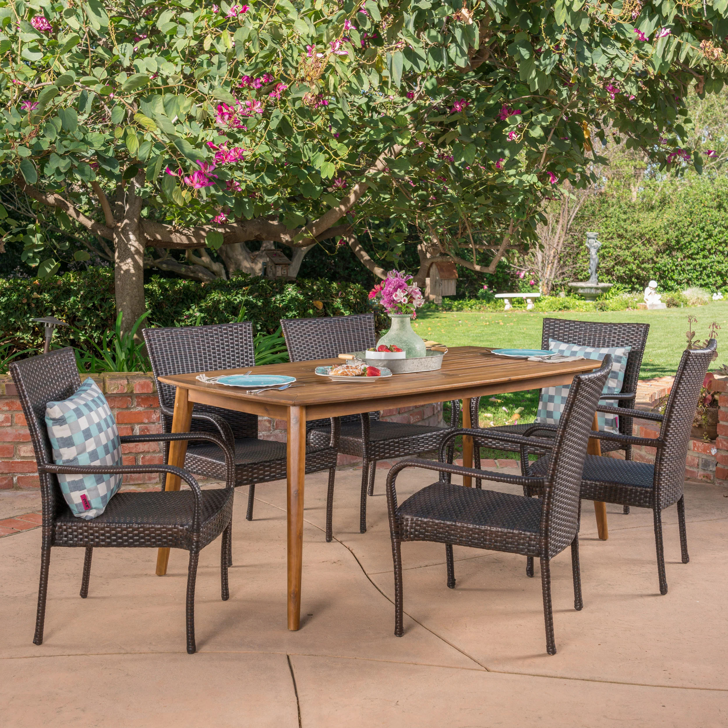 Livio Outdoor 7 Piece Multibrown Wicker Dining Set with Teak Finish Rectangular Acacia Wood Dining Table - furnishings