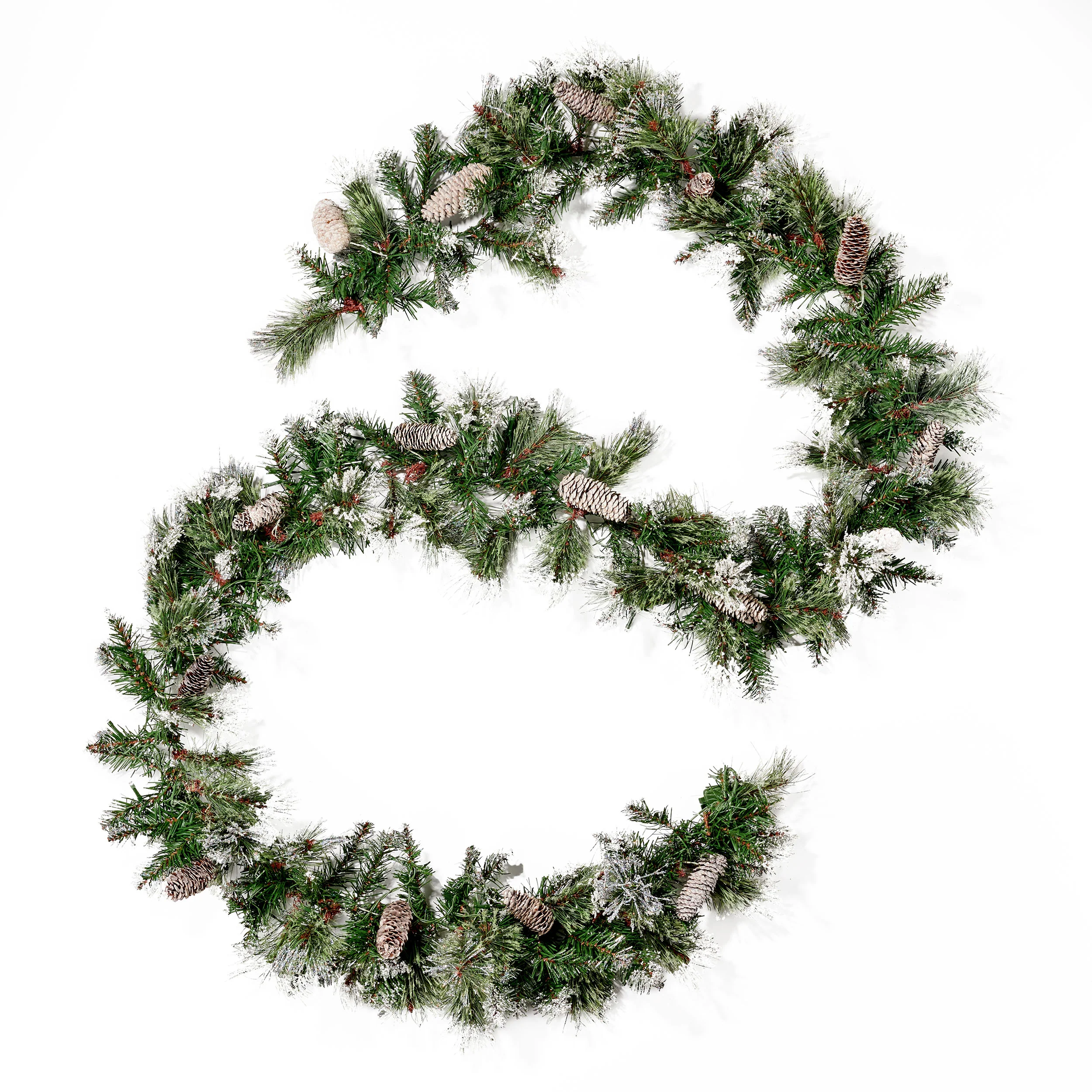 9-foot Cashmere Pine and Mixed Needle Pre-Lit Warm White LED Artificial Christmas Garland with Snow and Glitter Branches and Frosted Pinecones - furnishings