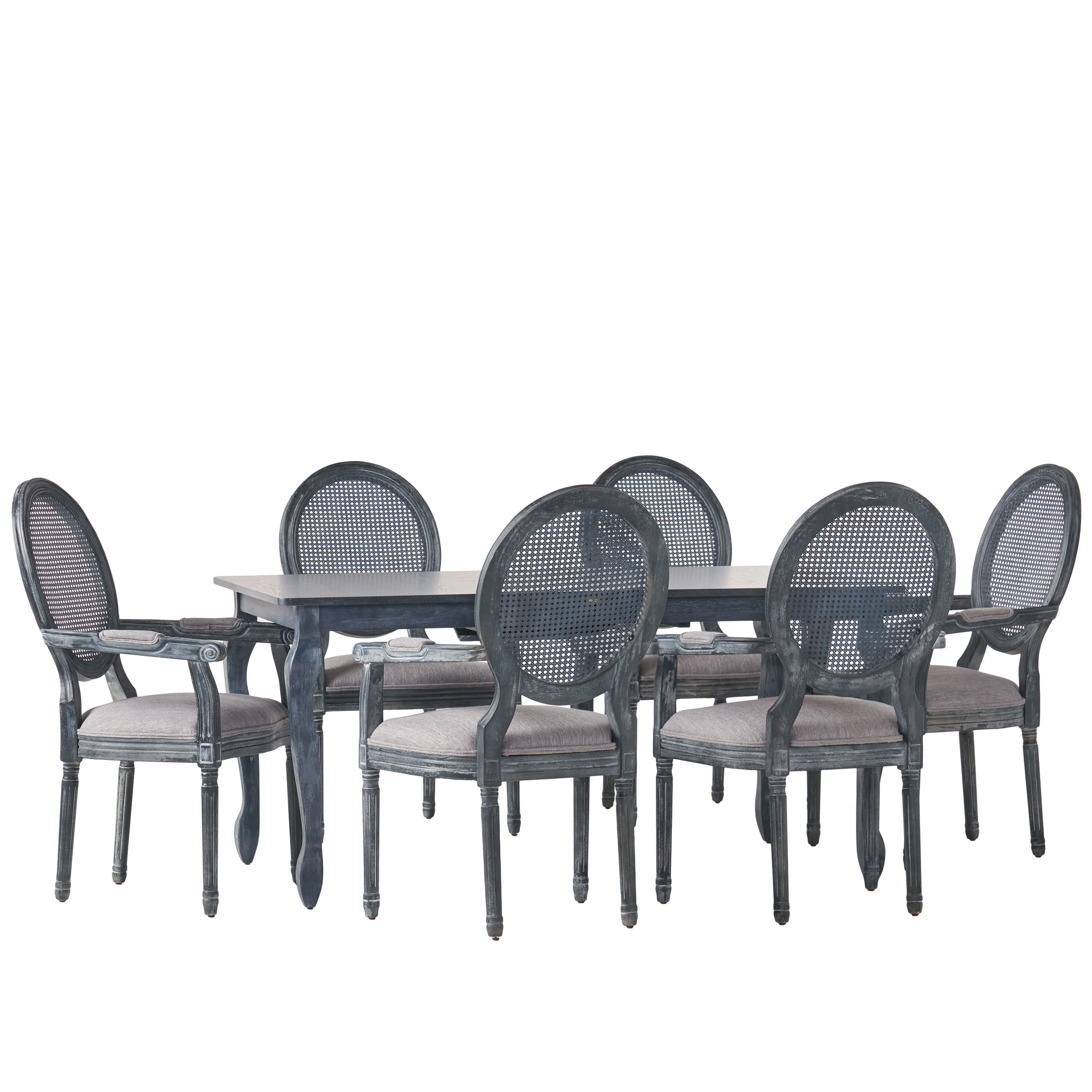 Comisky French Country Fabric Upholstered Wood and Cane Expandable 7 Piece Dining Set - furnishings