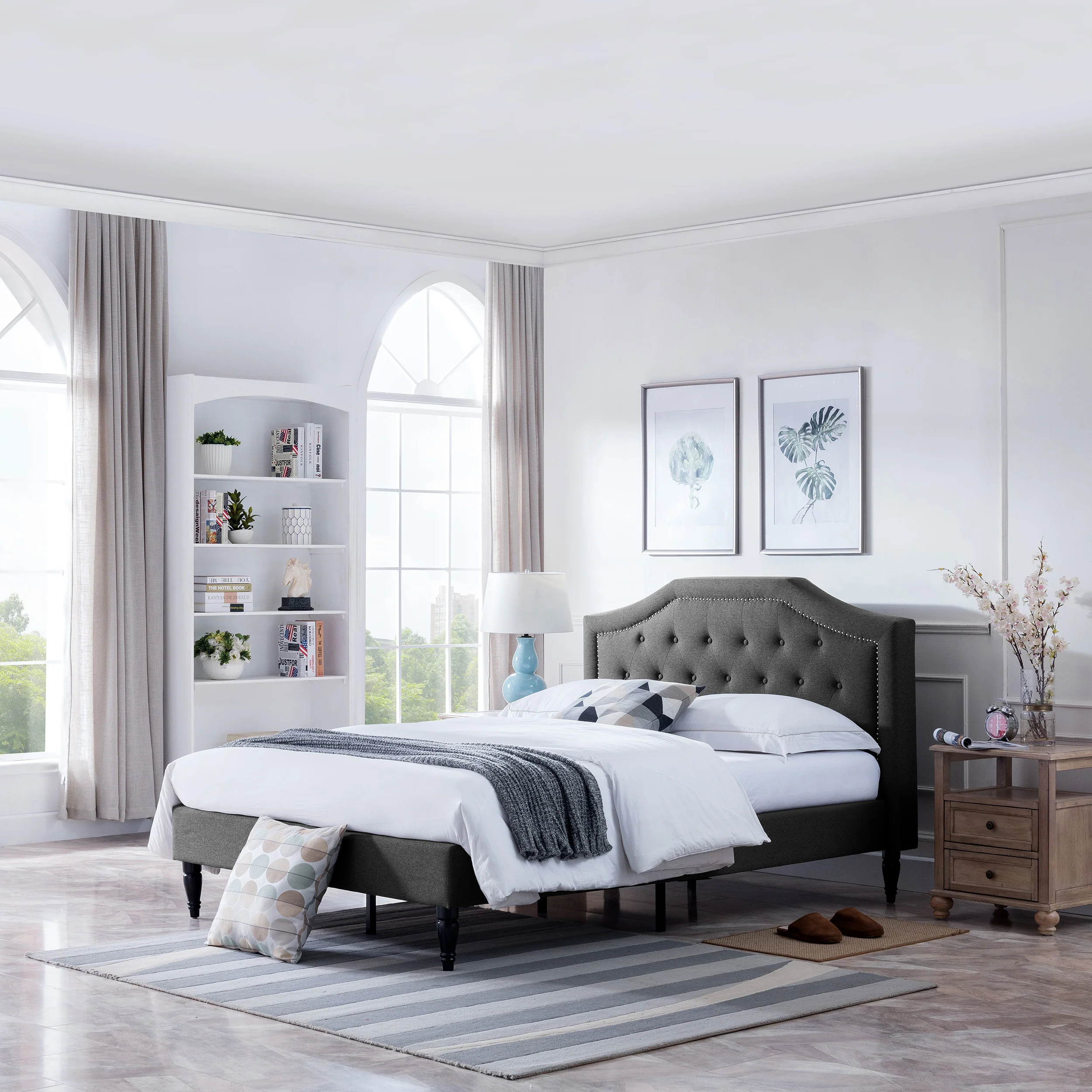 Renee Contemporary Low Profile Fully Upholstered Fabric Platform Bed Frame, Queen - furnishings