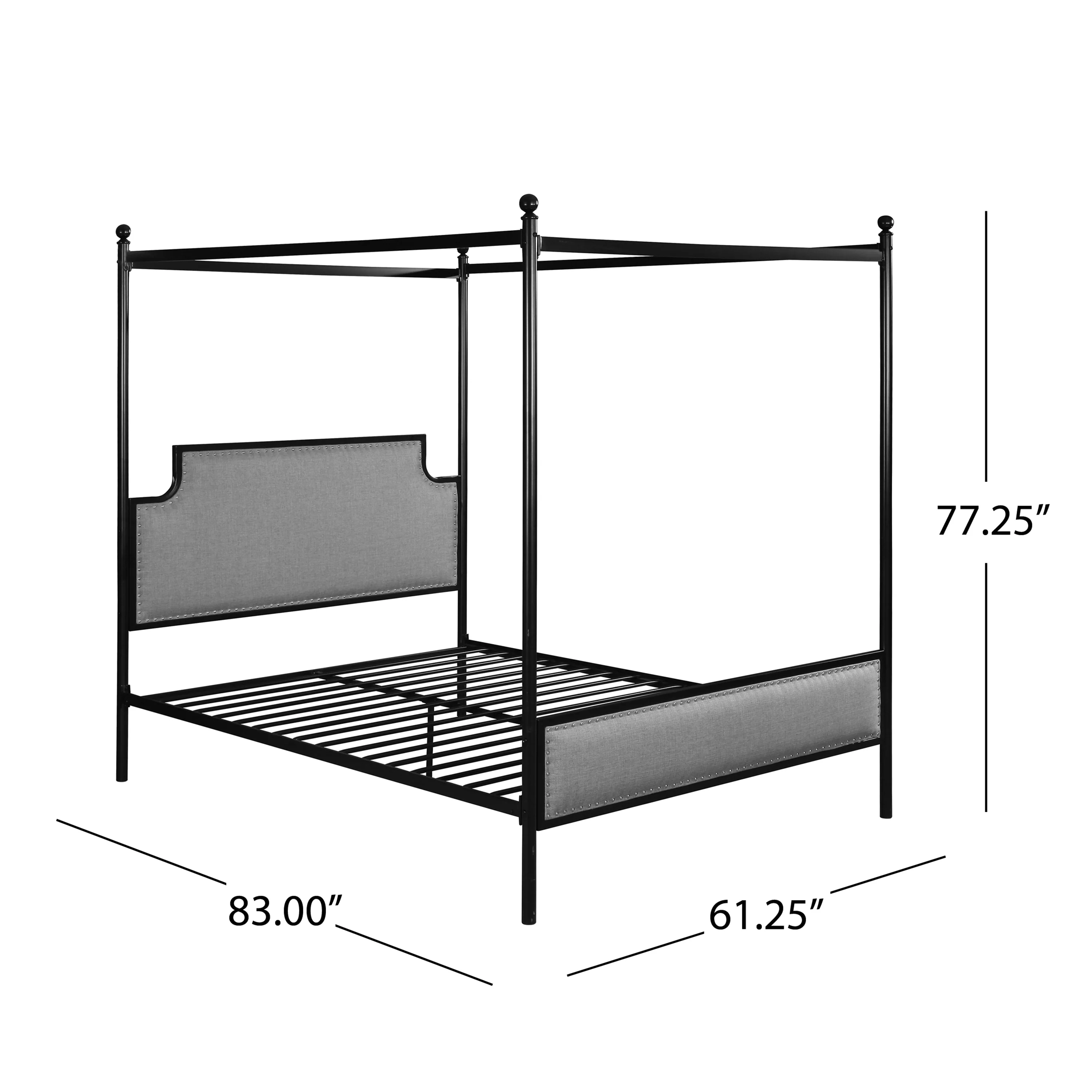 Asa Queen Size Iron Canopy Bed Frame with Upholstered Studded Headboard - furnishings