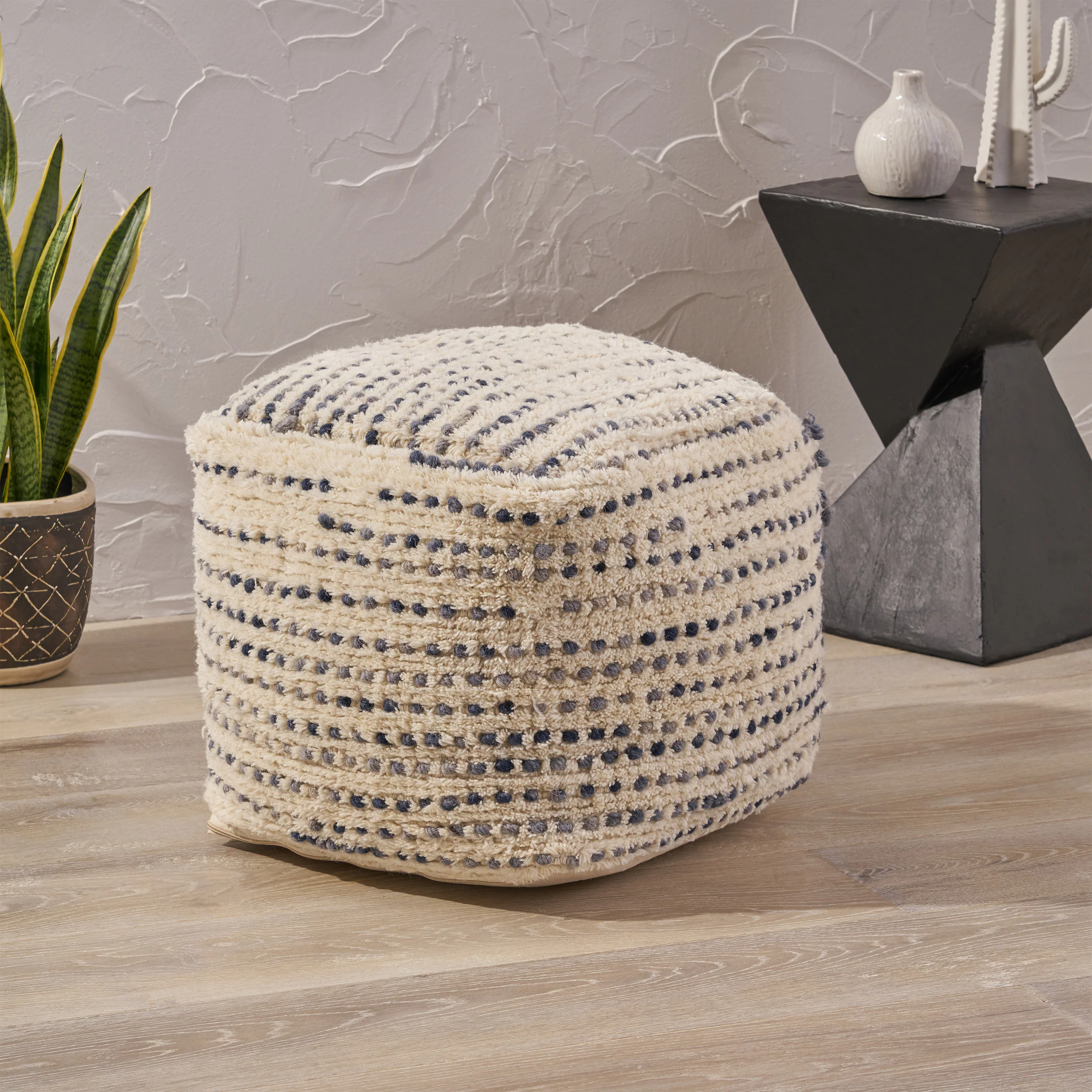 Ewelina Boho Wool and Cotton Ottoman Pouf - furnishings