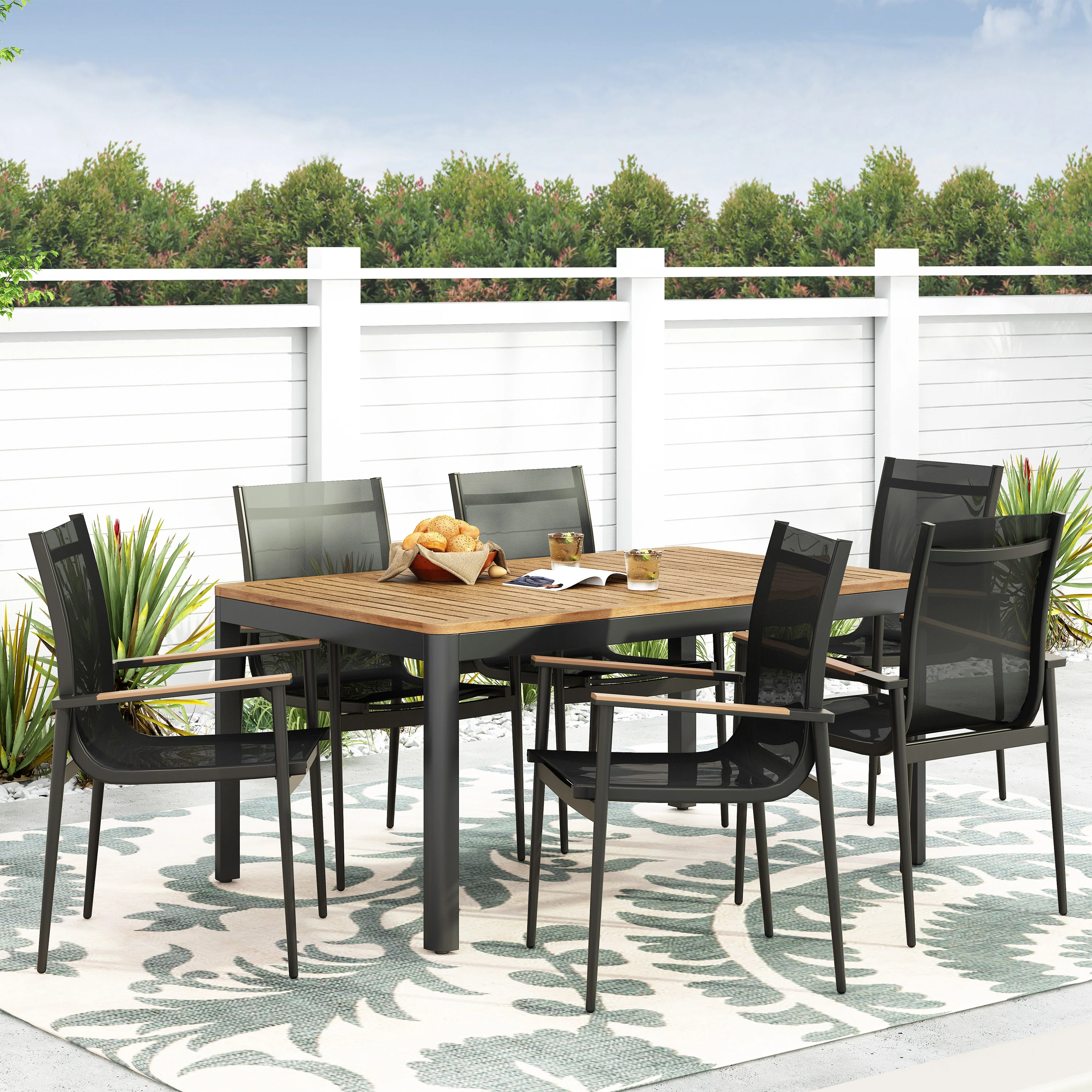 Harlem Outdoor Mesh and Aluminum 7 Piece Dining Set, Black and Natural - furnishings