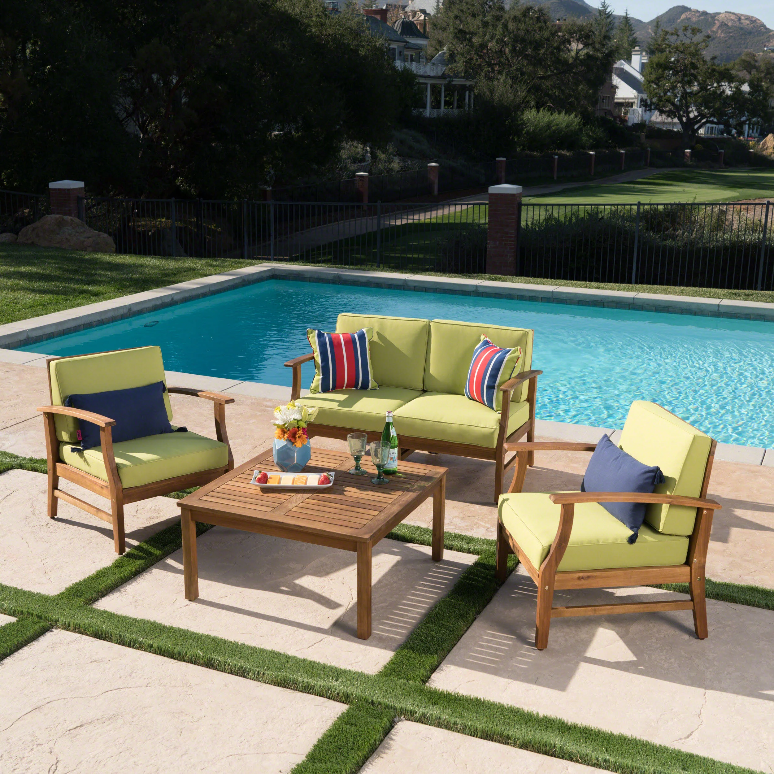 Lorelei Outdoor 4 Seat Teak Finished Acacia Wood Chat Set with Water Resistant Cushions - furnishings